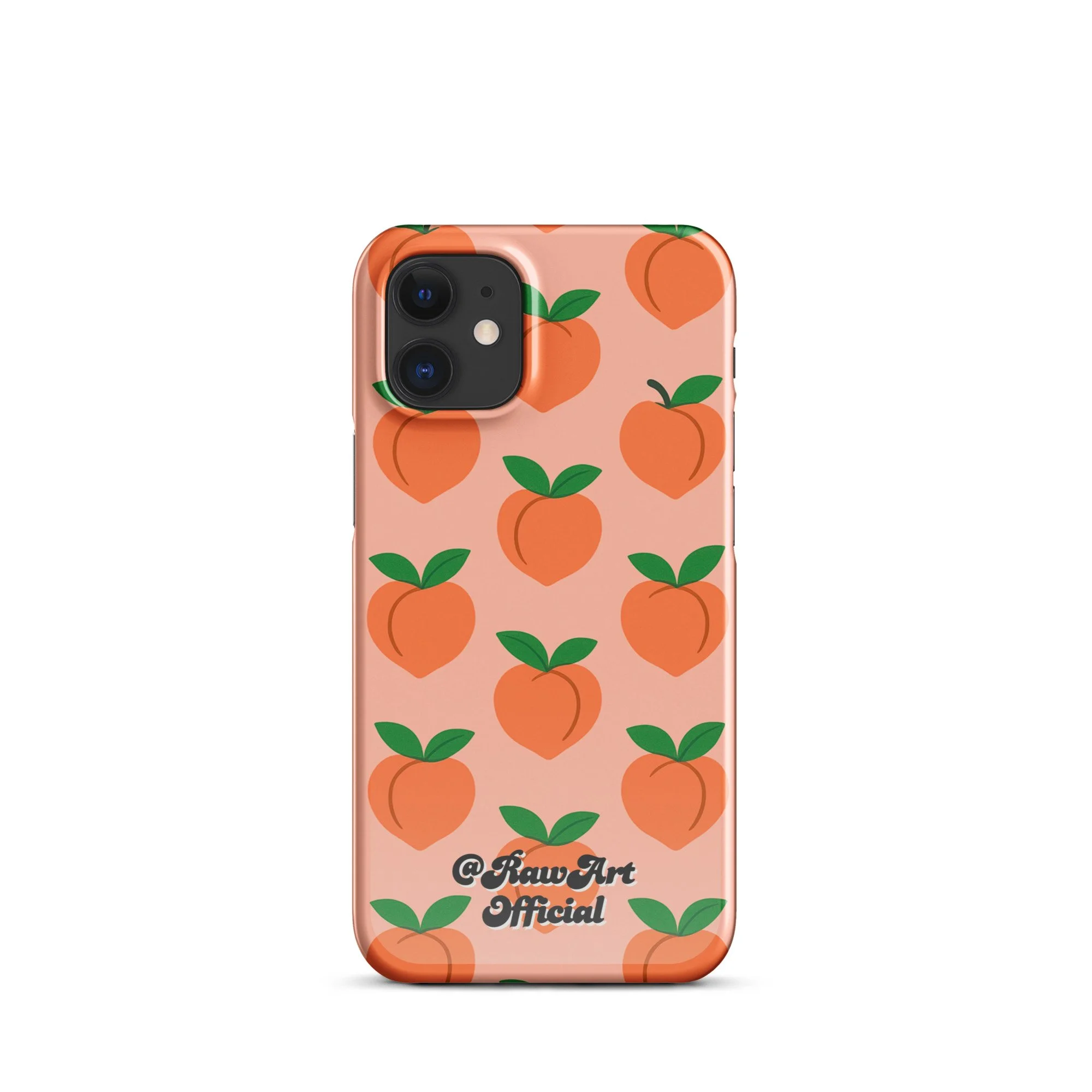 Pink iPhone case with orange peach fruit pattern, retro fruity design.