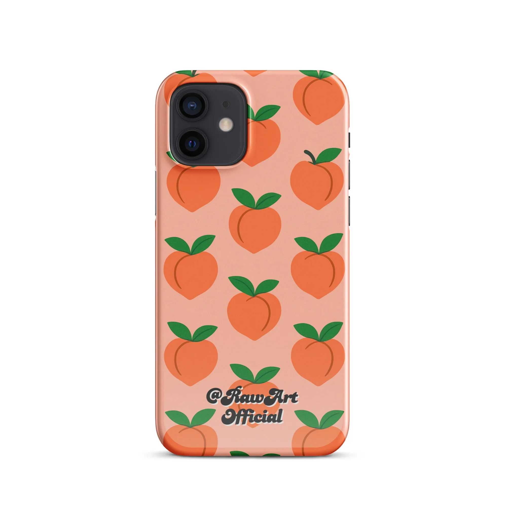 Pink iPhone case with orange peach fruit pattern, retro fruity design.