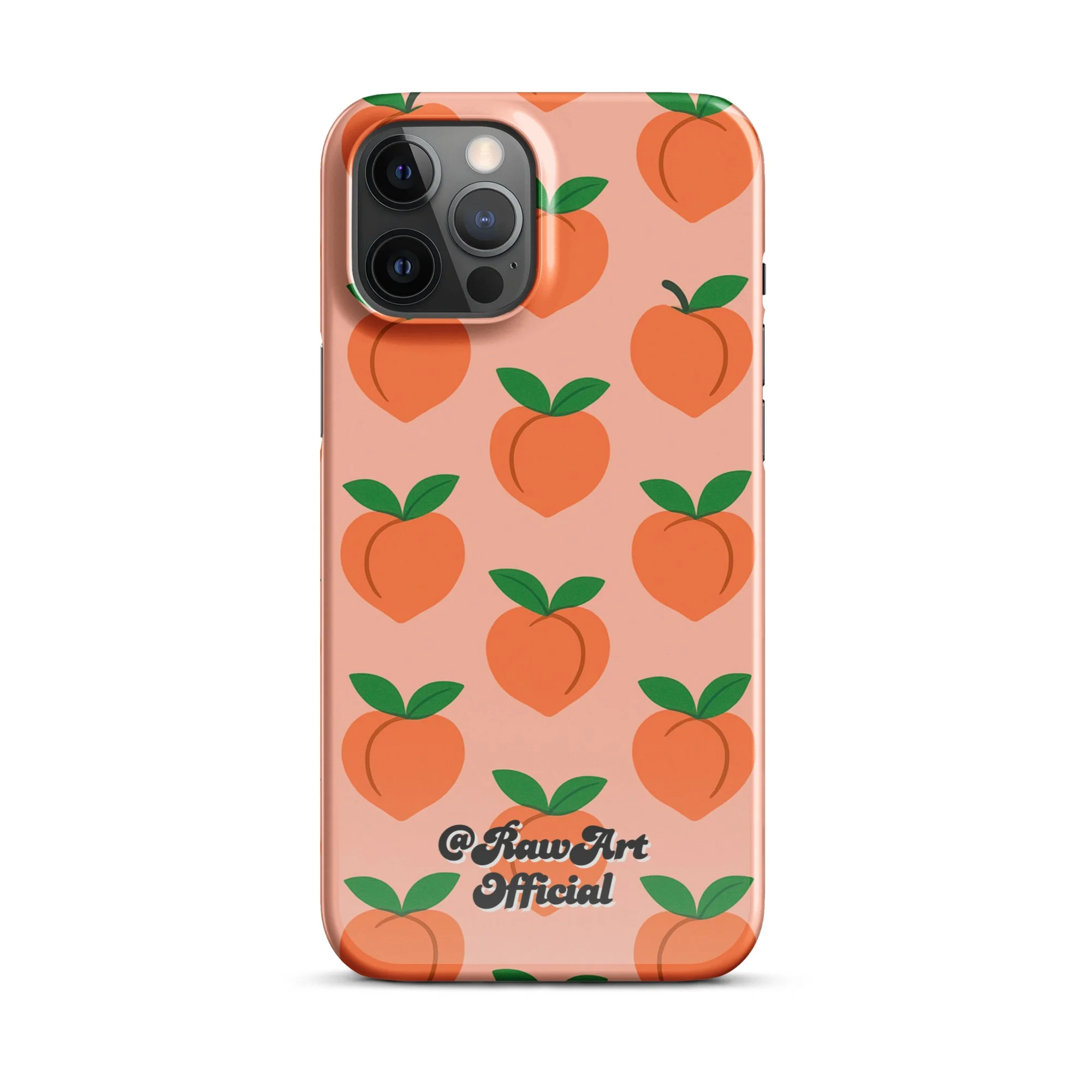 Pink iPhone case with orange peach fruit pattern, retro fruity design.