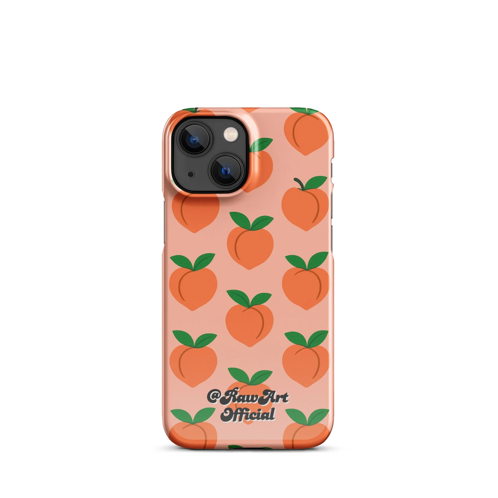 Pink iPhone case with orange peach fruit pattern, retro fruity design.