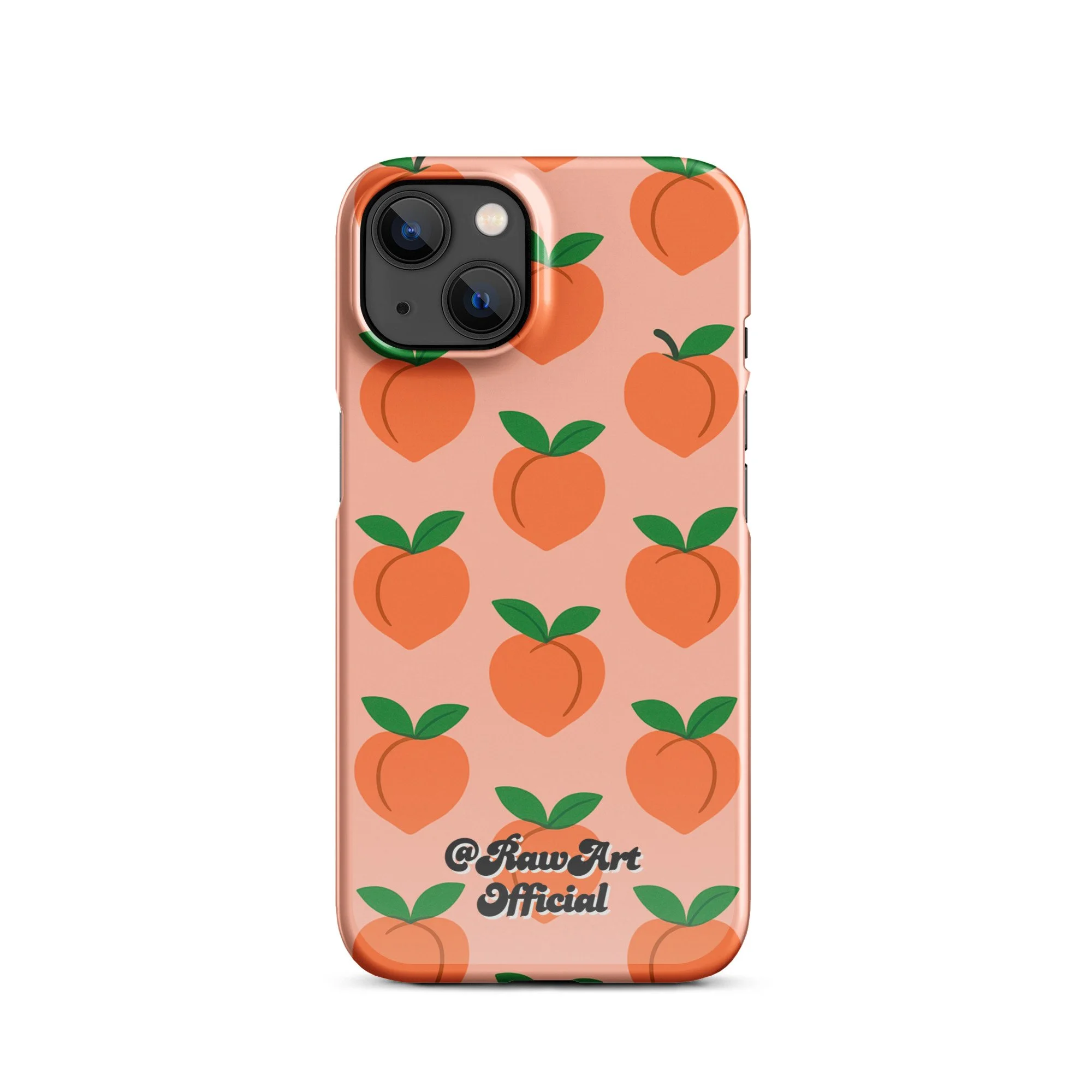 Pink iPhone case with orange peach fruit pattern, retro fruity design.