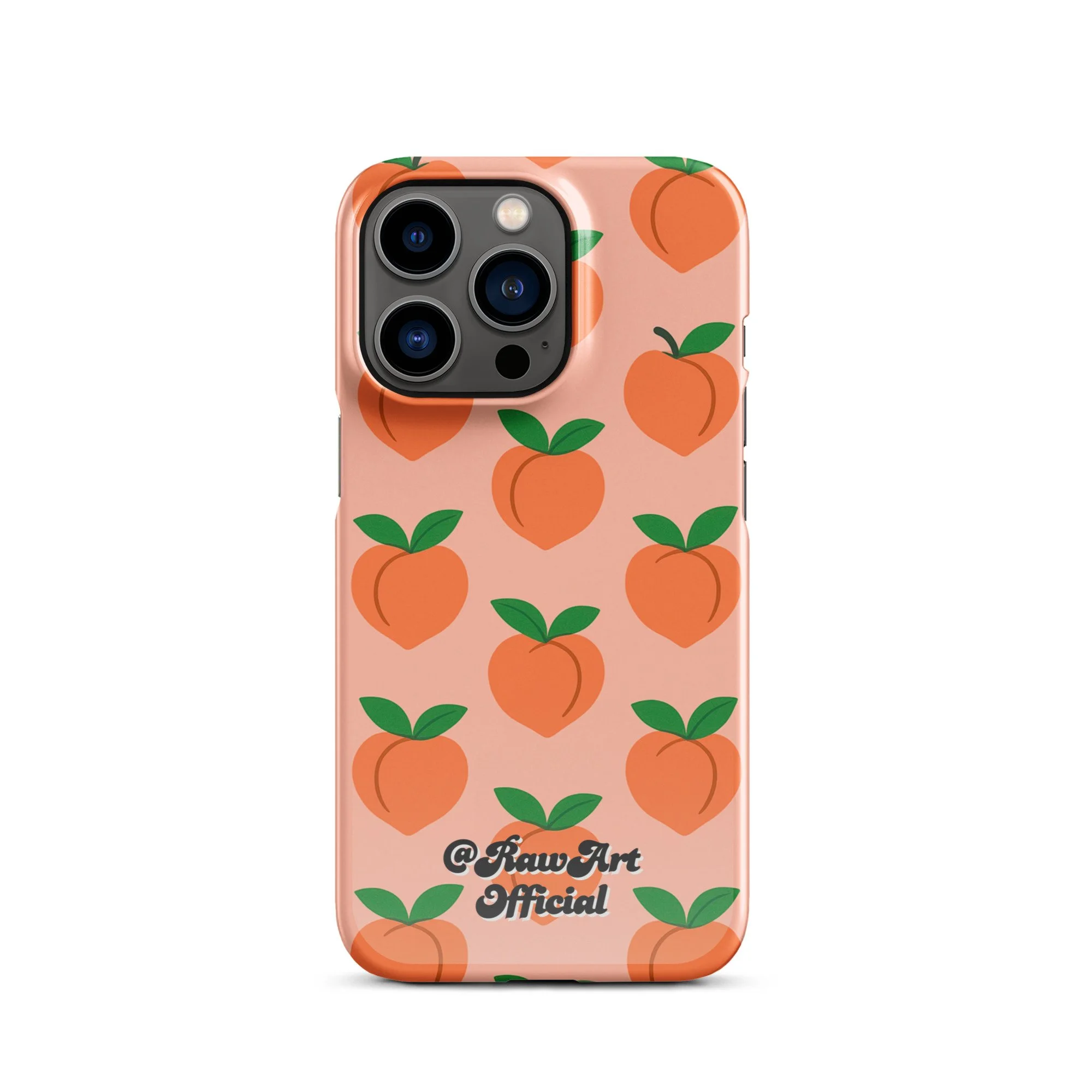Pink iPhone case with orange peach fruit pattern, retro fruity design.