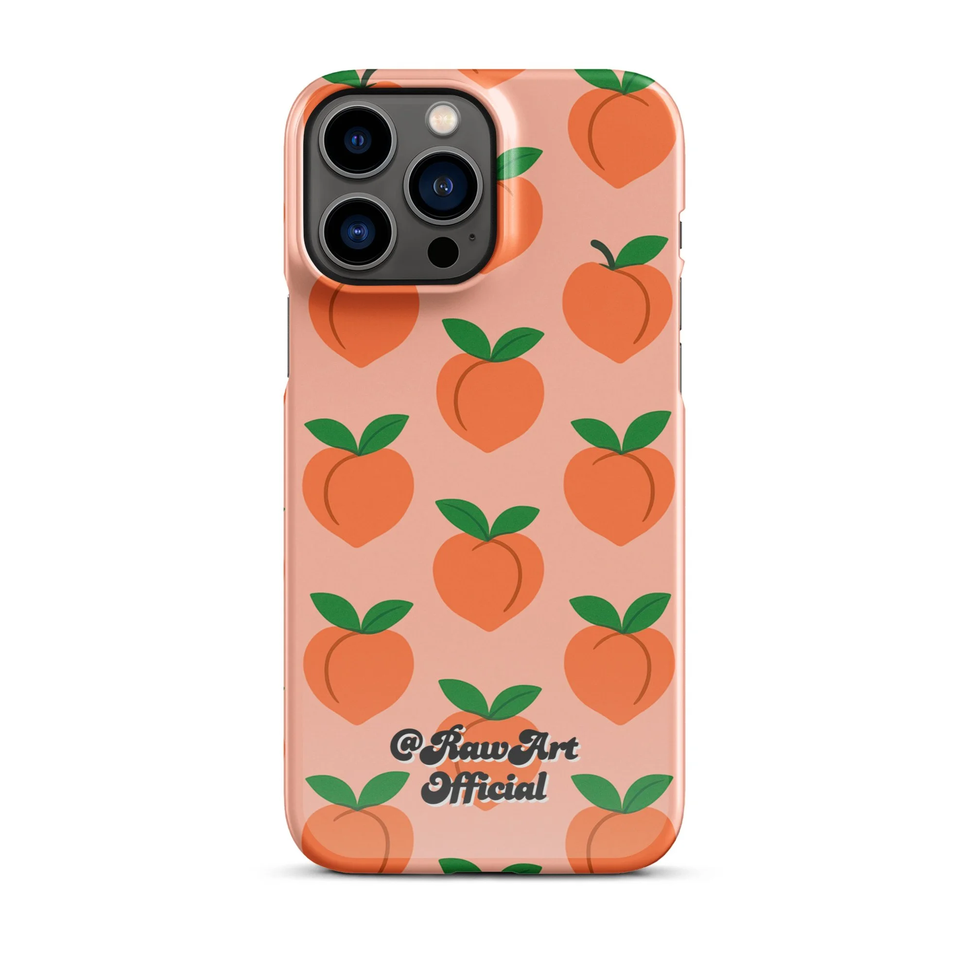 Pink iPhone case with orange peach fruit pattern, retro fruity design.