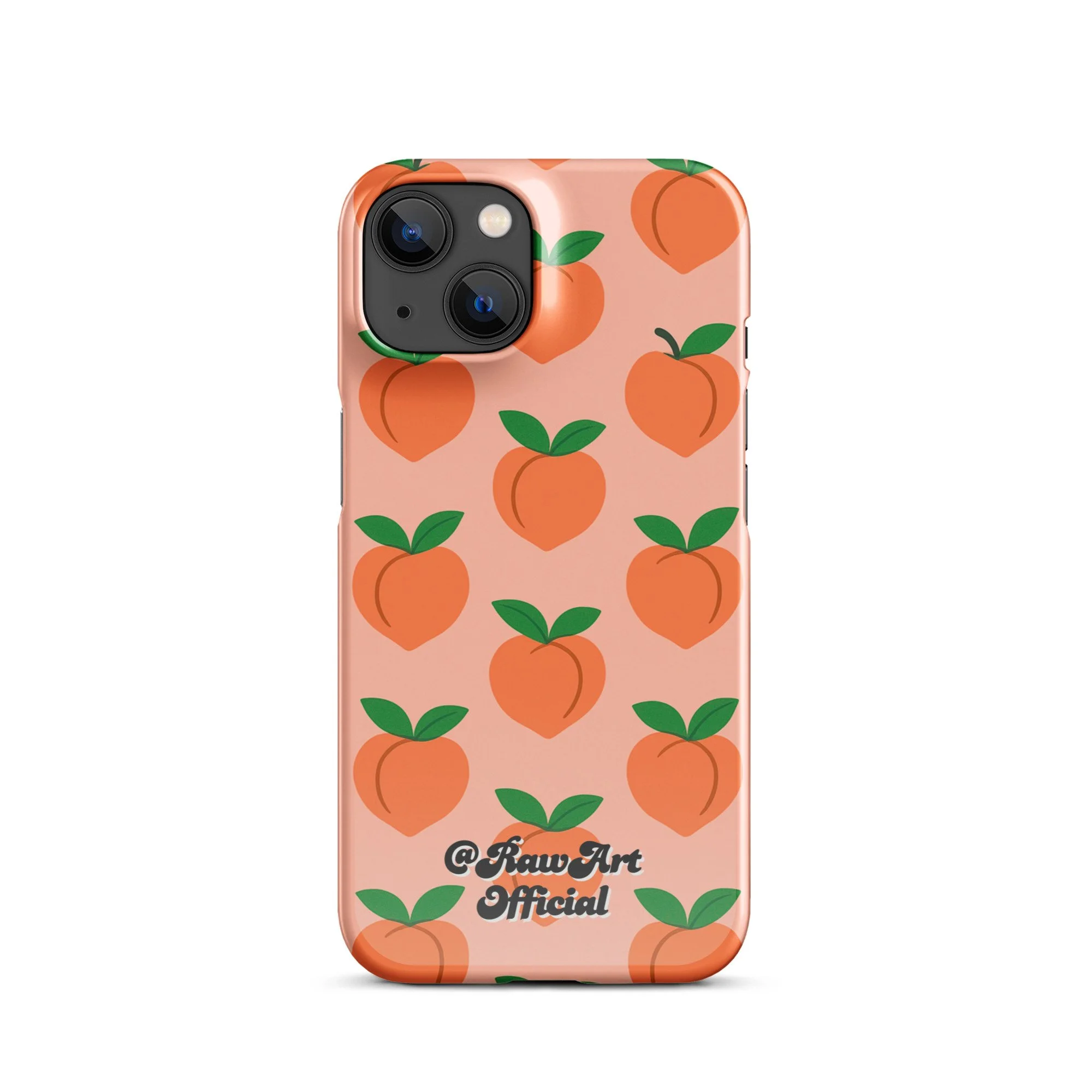 Pink iPhone case with orange peach fruit pattern, retro fruity design.