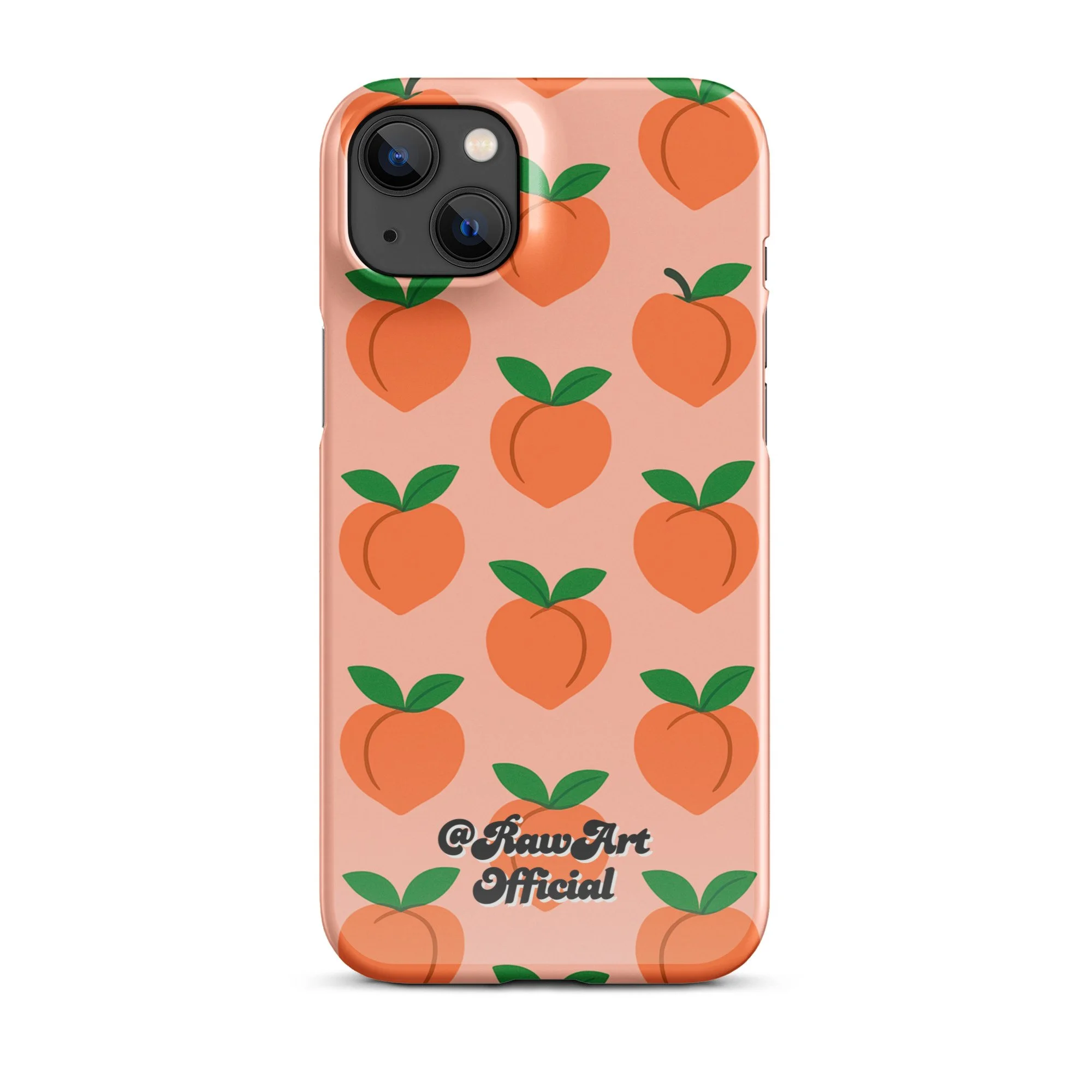 Pink iPhone case with orange peach fruit pattern, retro fruity design.