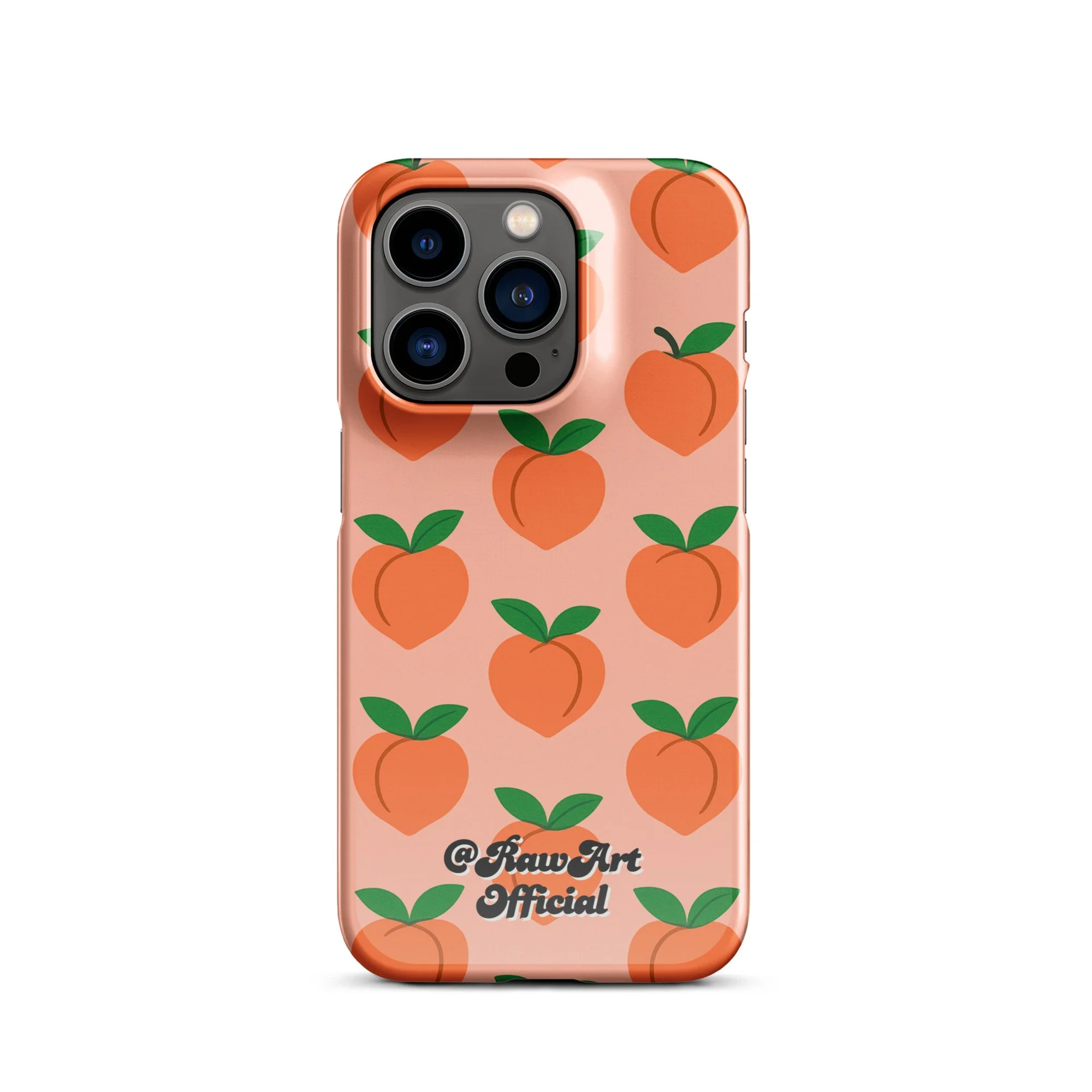 Pink iPhone case with orange peach fruit pattern, retro fruity design.