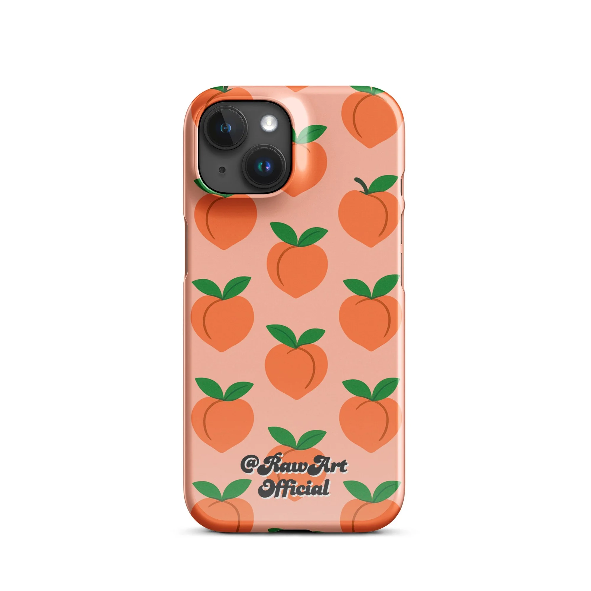 Pink iPhone case with orange peach fruit pattern, retro fruity design.