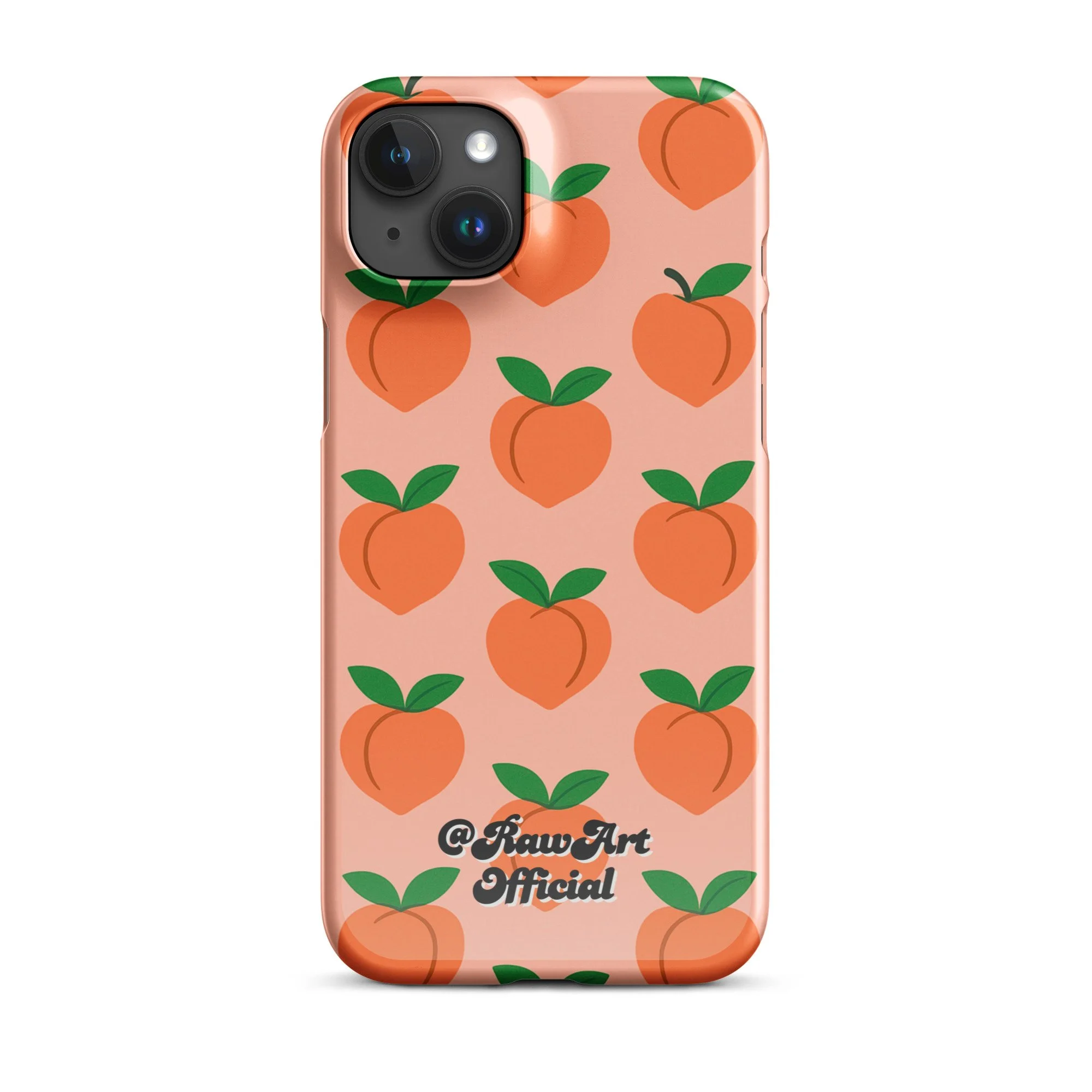 Pink iPhone case with orange peach fruit pattern, retro fruity design.