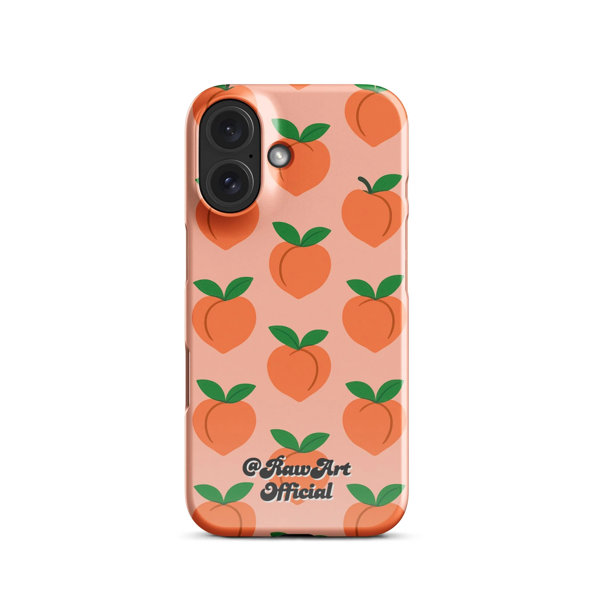 Pink iPhone case with orange peach fruit pattern, retro fruity design.