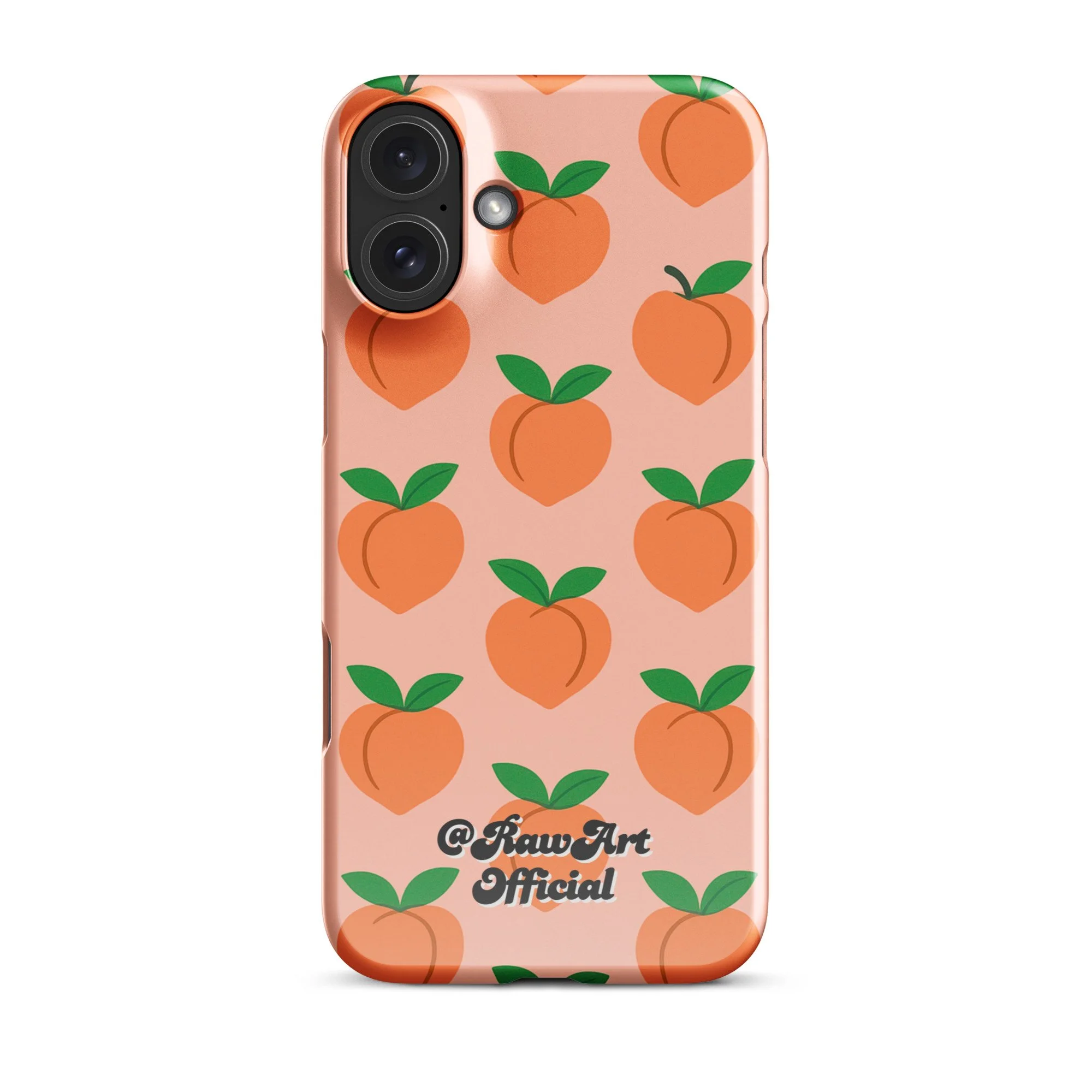 Pink iPhone case with orange peach fruit pattern, retro fruity design.