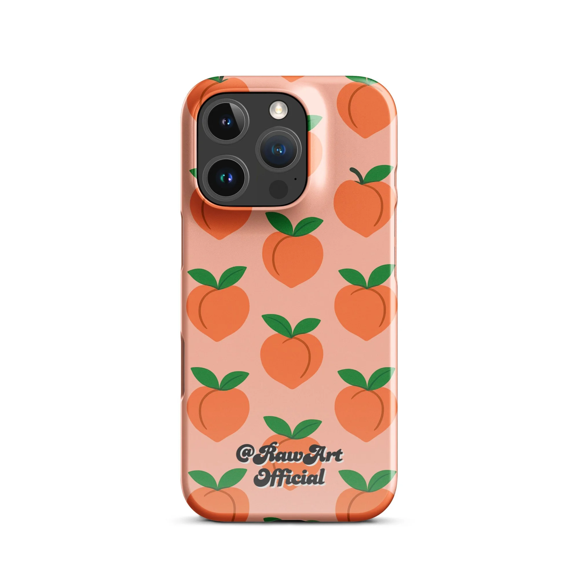 Pink iPhone case with orange peach fruit pattern, retro fruity design.