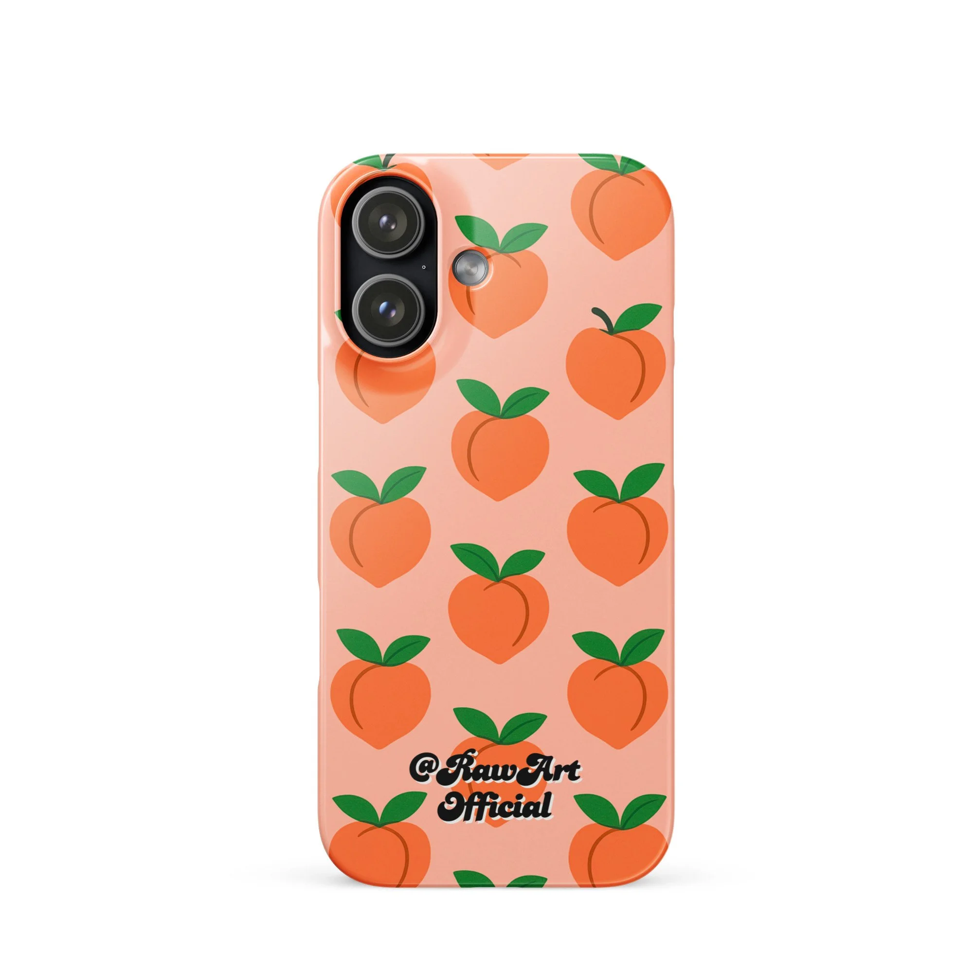 Pink iPhone case with orange peach fruit pattern, retro fruity design.