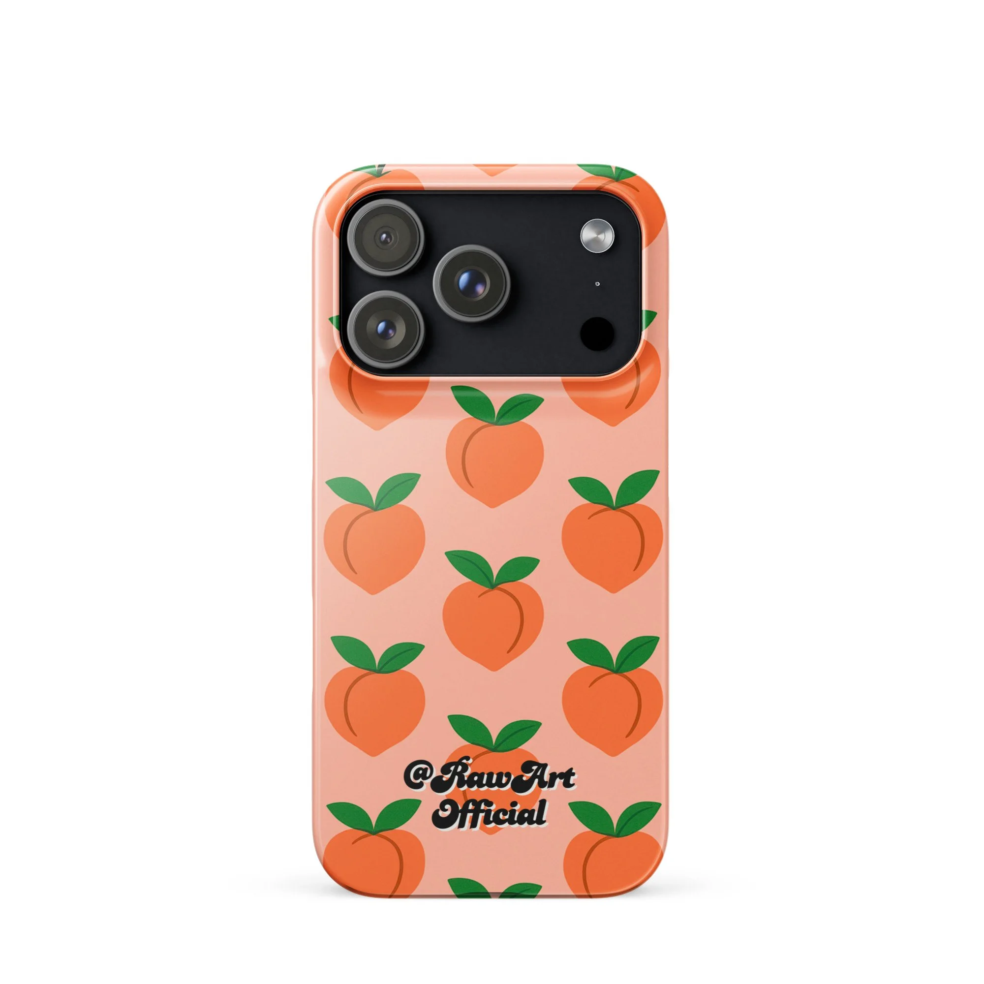 Pink iPhone case with orange peach fruit pattern, retro fruity design.