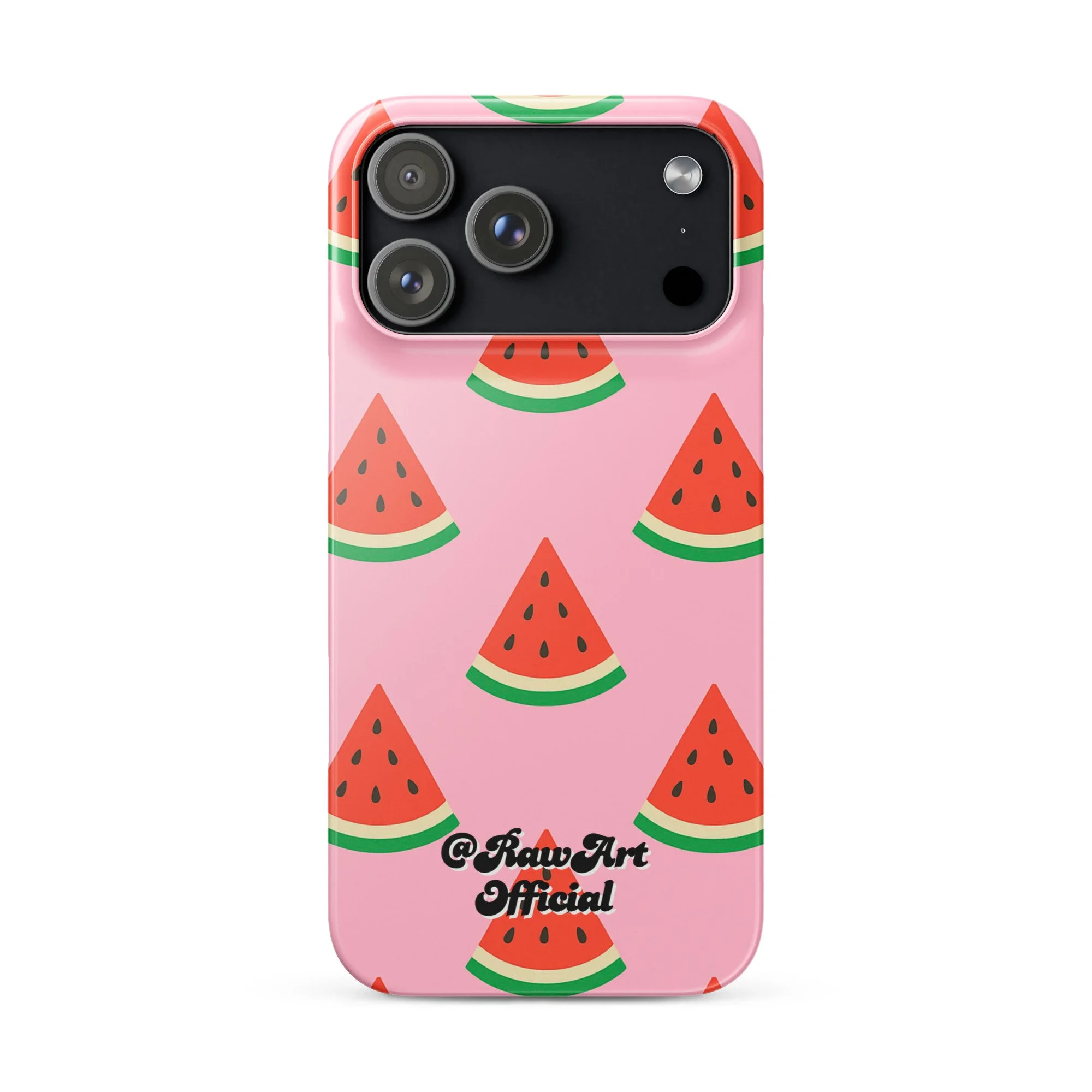 Pink iPhone case with red watermelon slice pattern, retro fruity design.