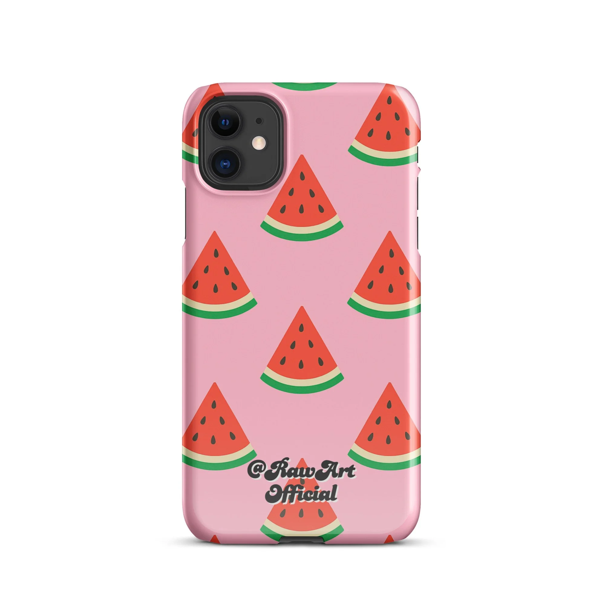 Pink iPhone case with red watermelon slice pattern, retro fruity design.