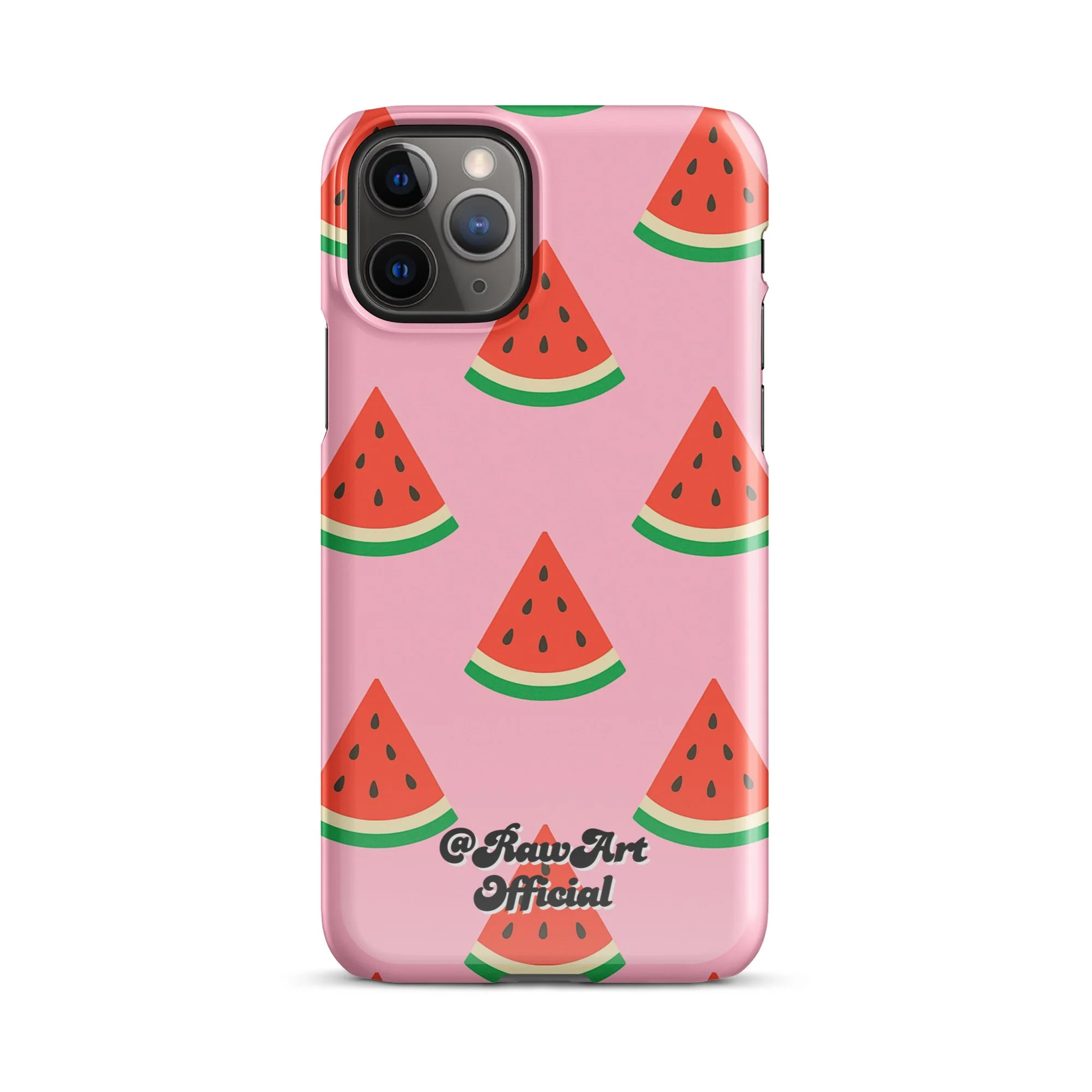 Pink iPhone case with red watermelon slice pattern, retro fruity design.