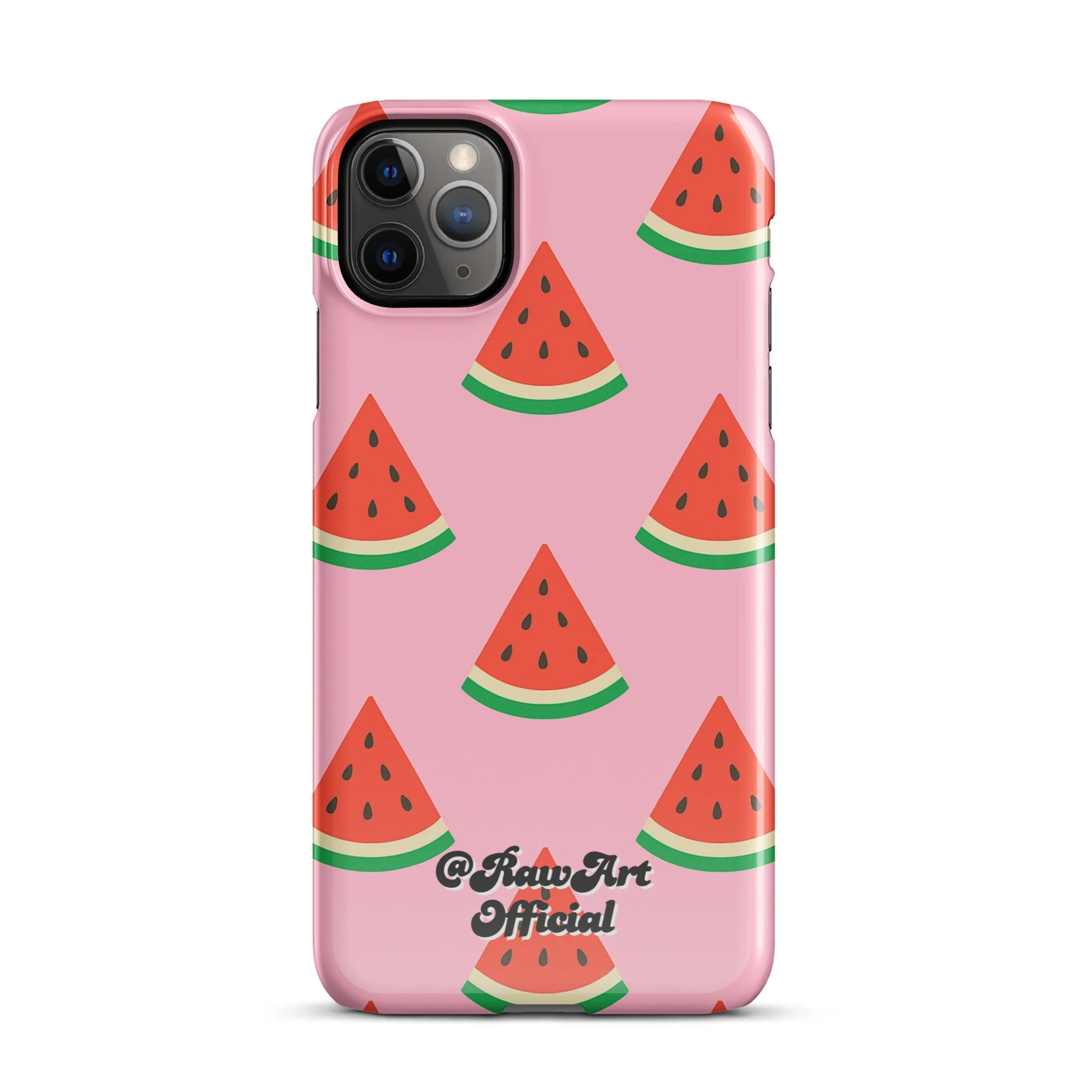 Pink iPhone case with red watermelon slice pattern, retro fruity design.