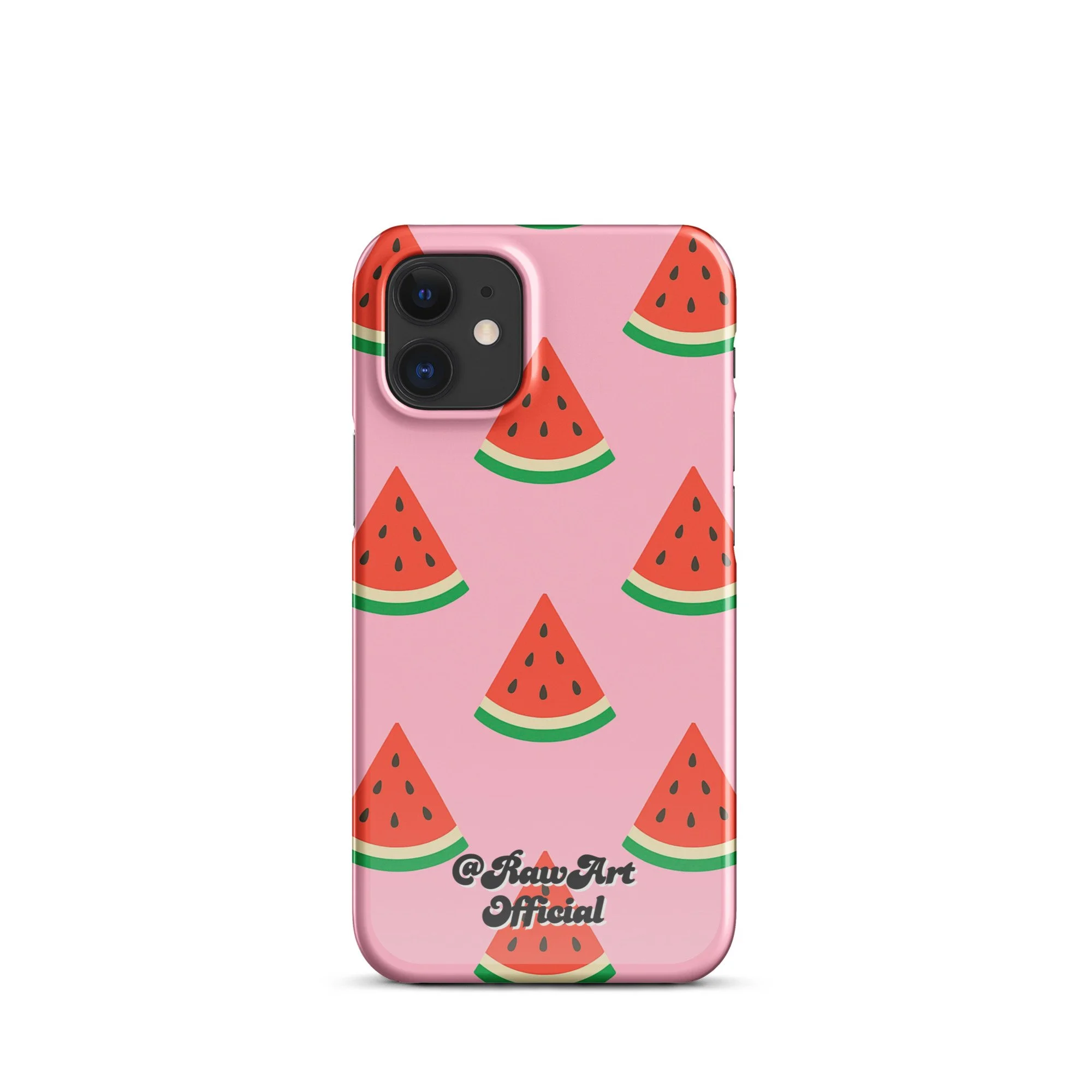 Pink iPhone case with red watermelon slice pattern, retro fruity design.
