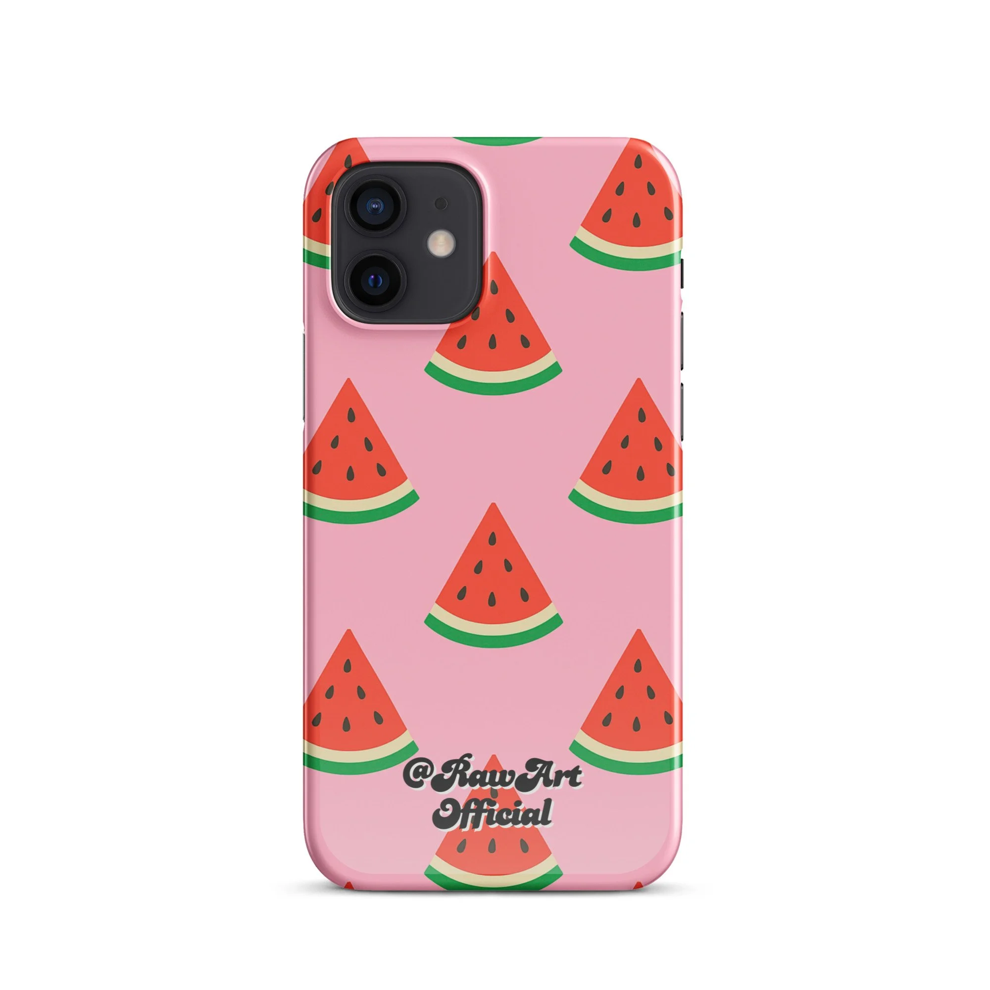 Pink iPhone case with red watermelon slice pattern, retro fruity design.