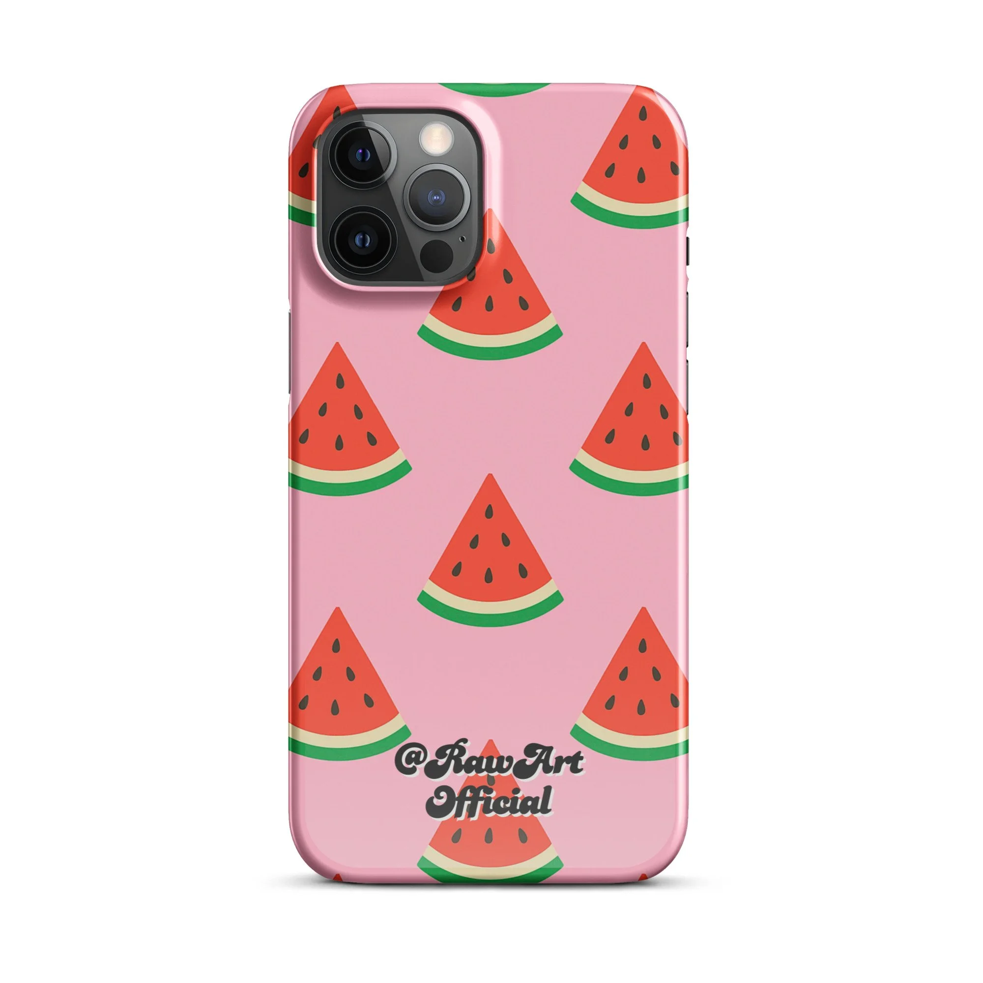 Pink iPhone case with red watermelon slice pattern, retro fruity design.