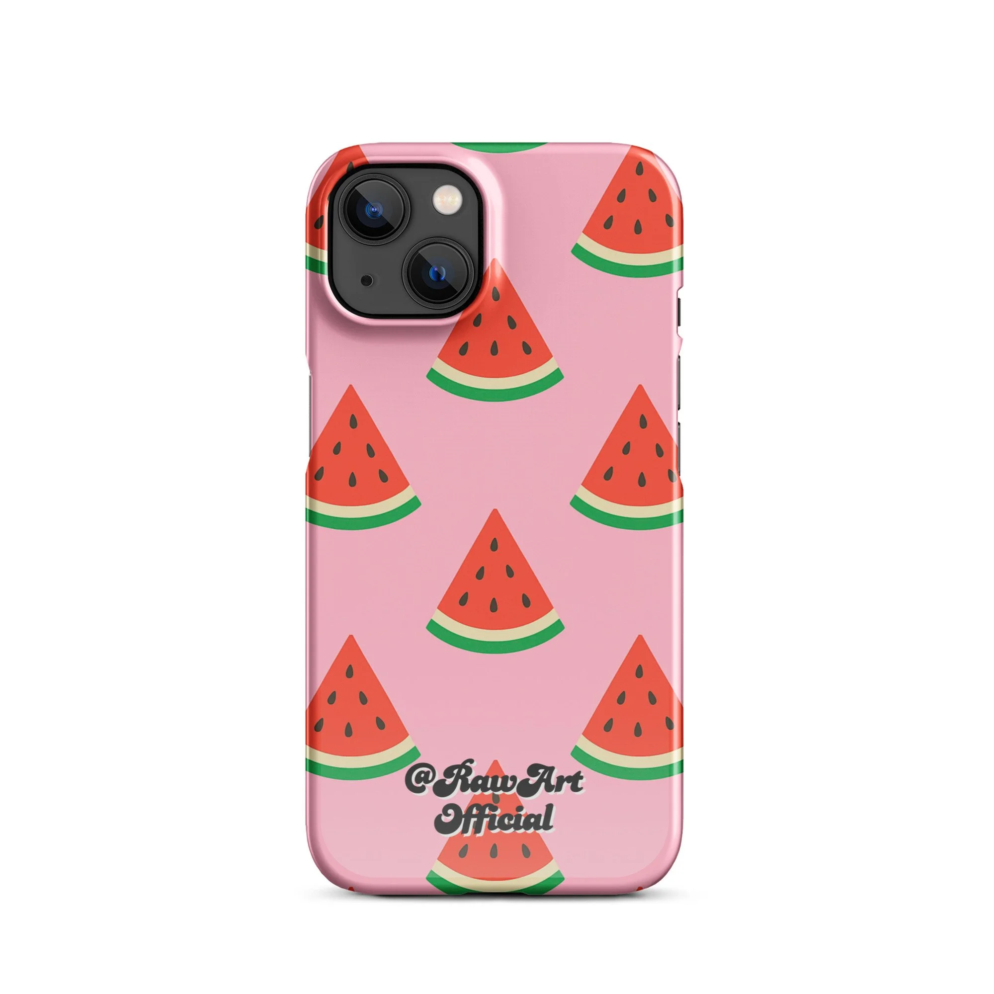 Pink iPhone case with red watermelon slice pattern, retro fruity design.