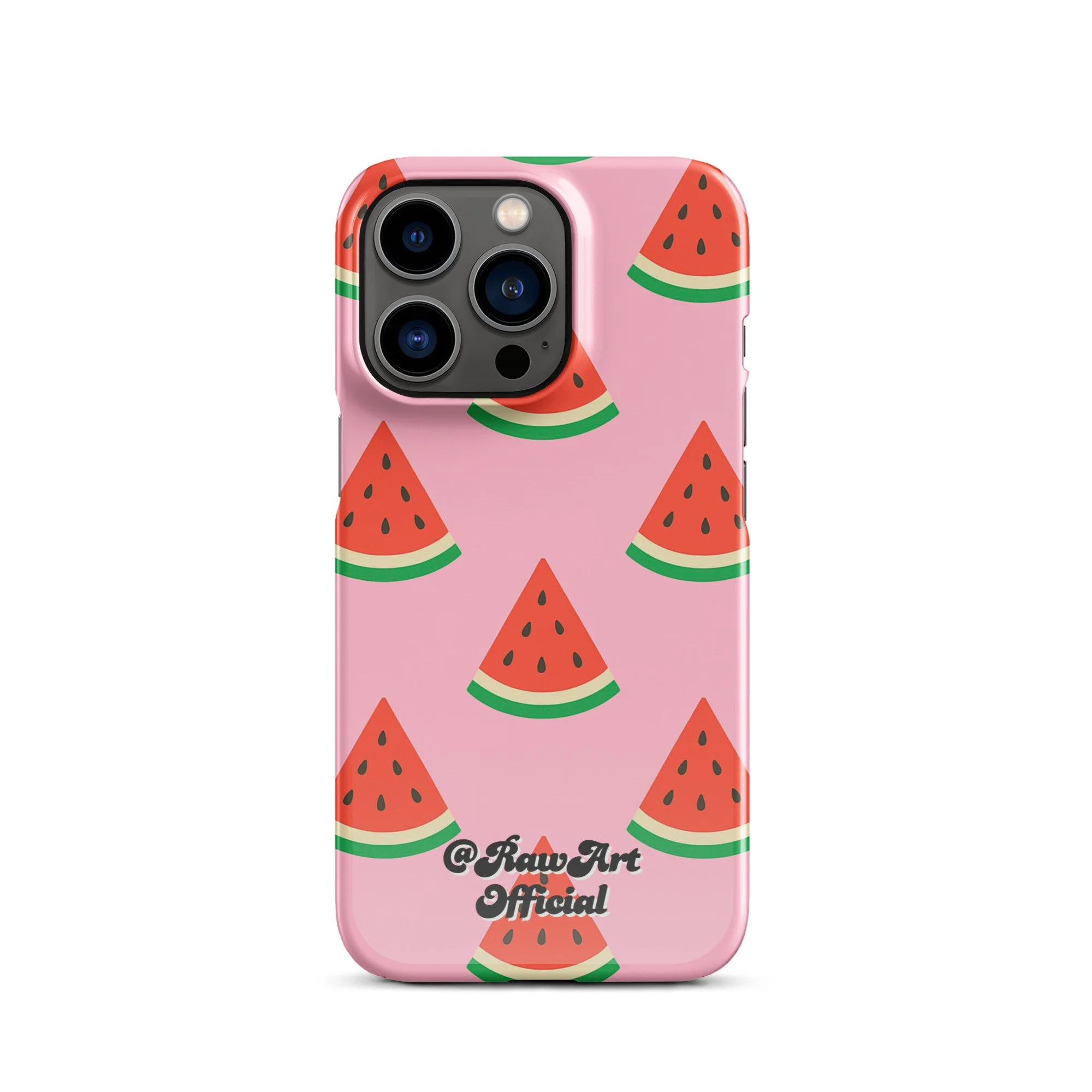 Pink iPhone case with red watermelon slice pattern, retro fruity design.