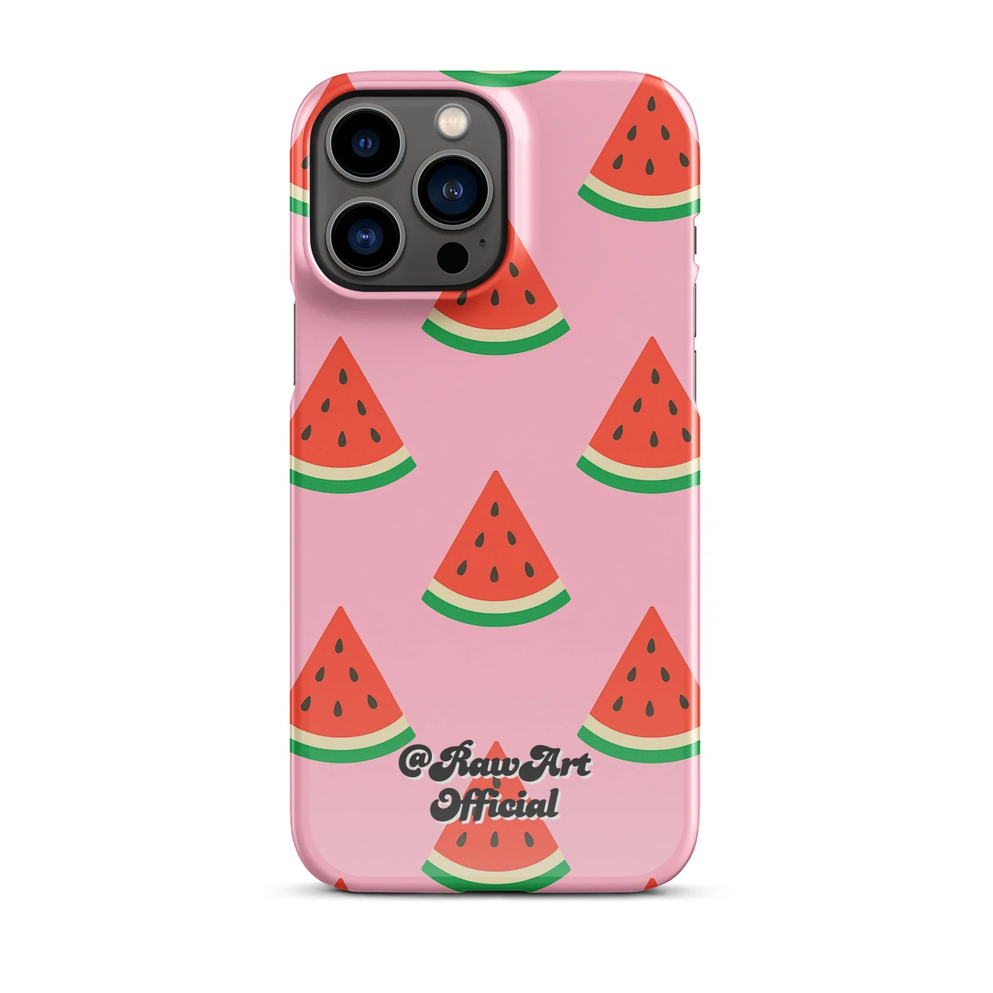 Pink iPhone case with red watermelon slice pattern, retro fruity design.