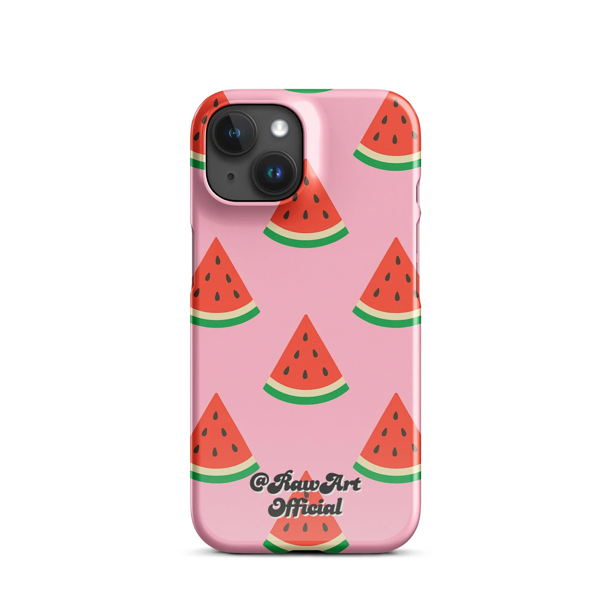 Pink iPhone case with red watermelon slice pattern, retro fruity design.