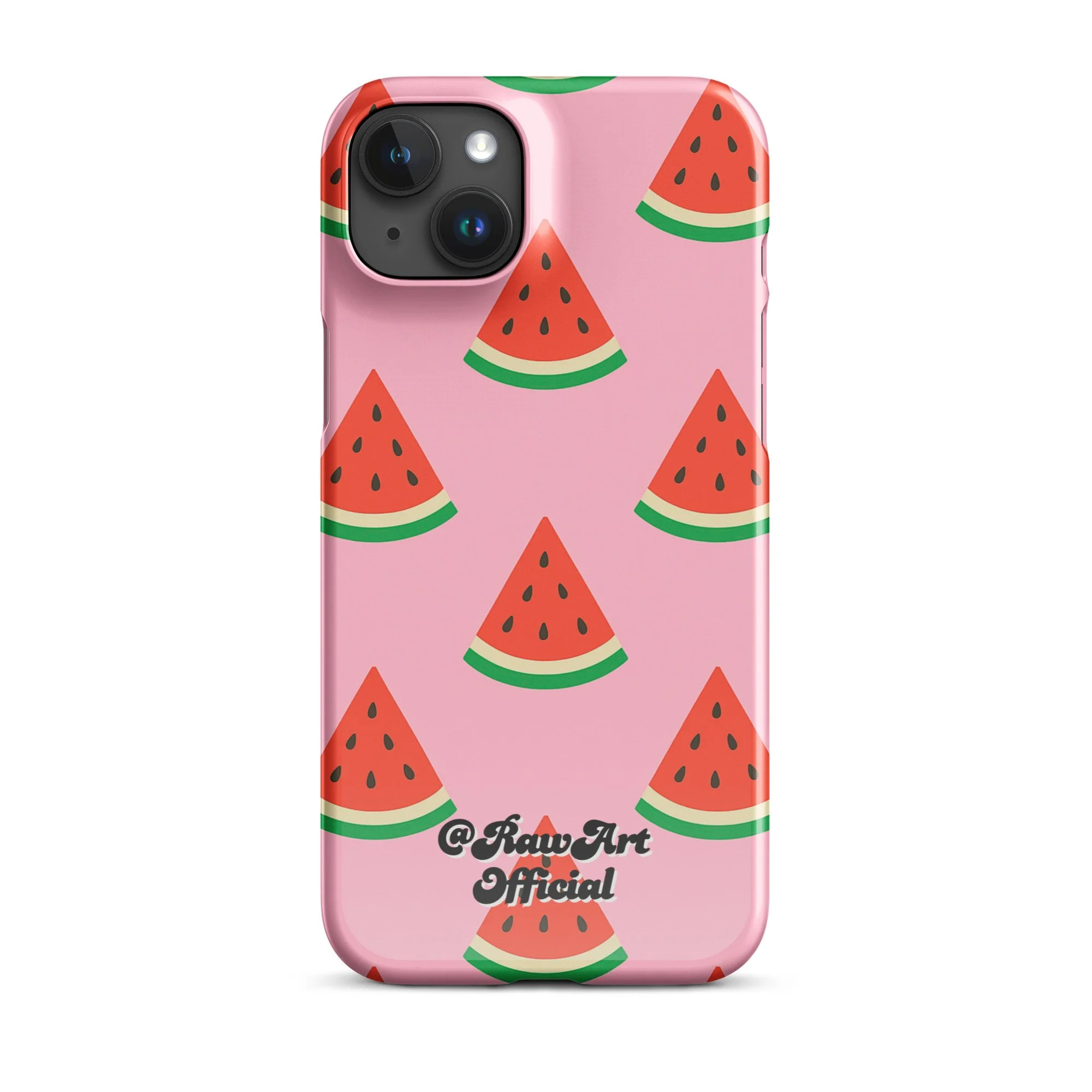 Pink iPhone case with red watermelon slice pattern, retro fruity design.