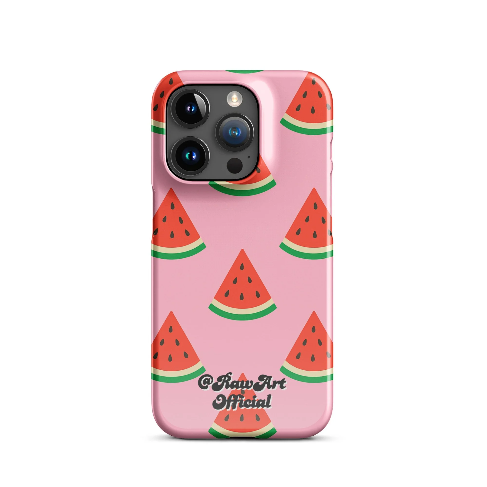 Pink iPhone case with red watermelon slice pattern, retro fruity design.