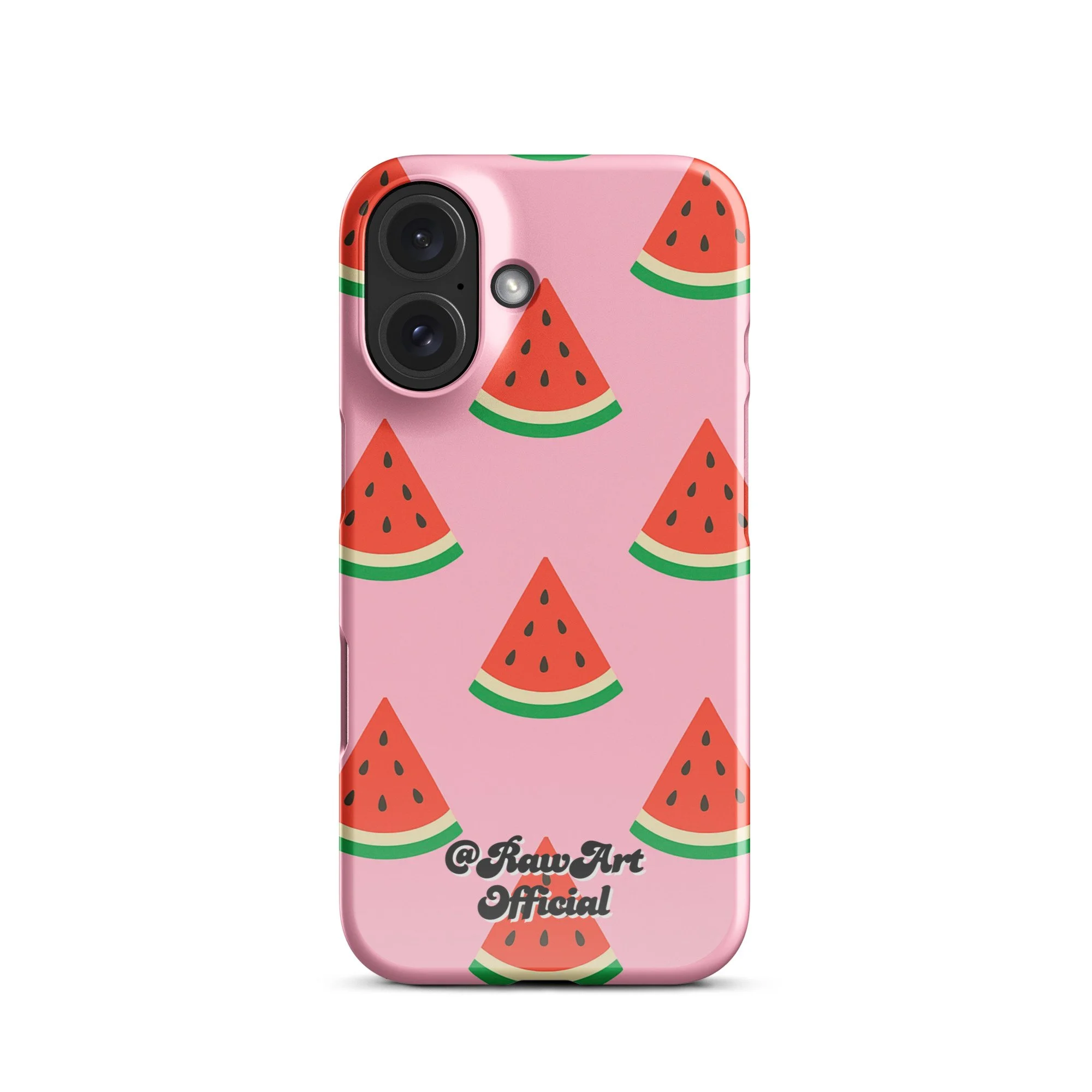 Pink iPhone case with red watermelon slice pattern, retro fruity design.