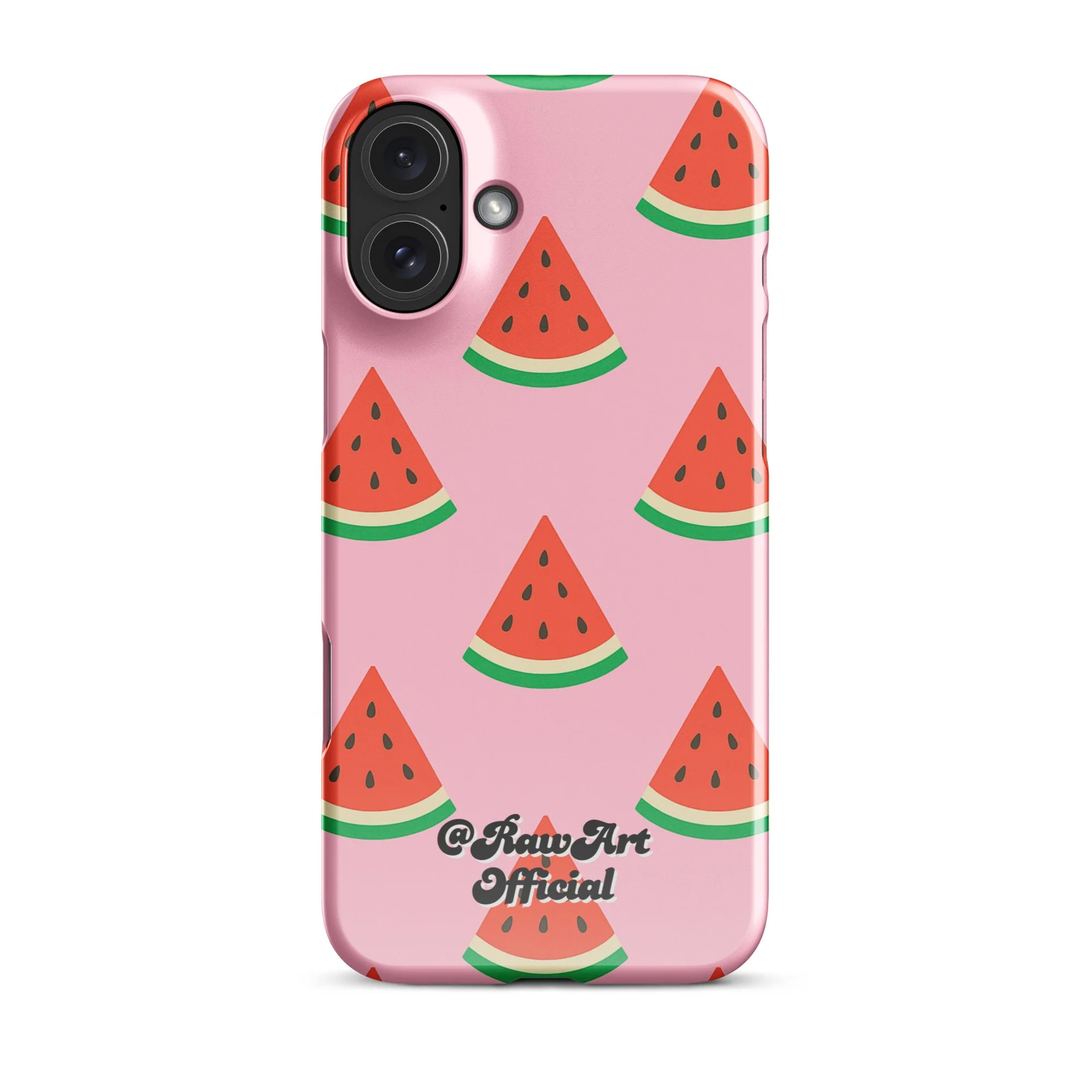 Pink iPhone case with red watermelon slice pattern, retro fruity design.