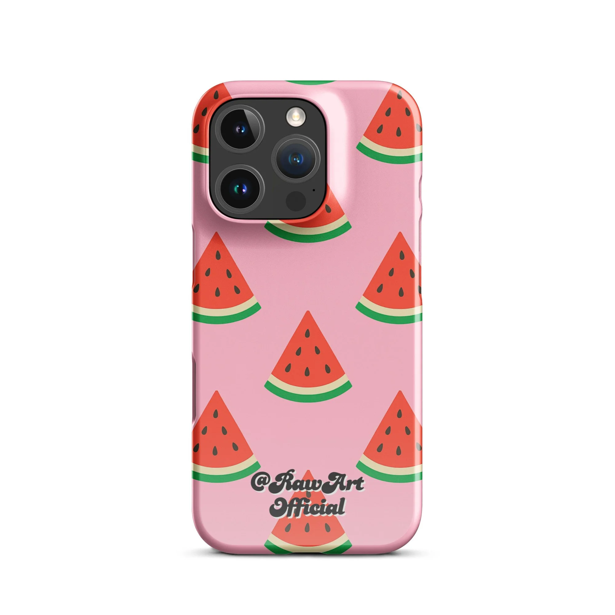 Pink iPhone case with red watermelon slice pattern, retro fruity design.