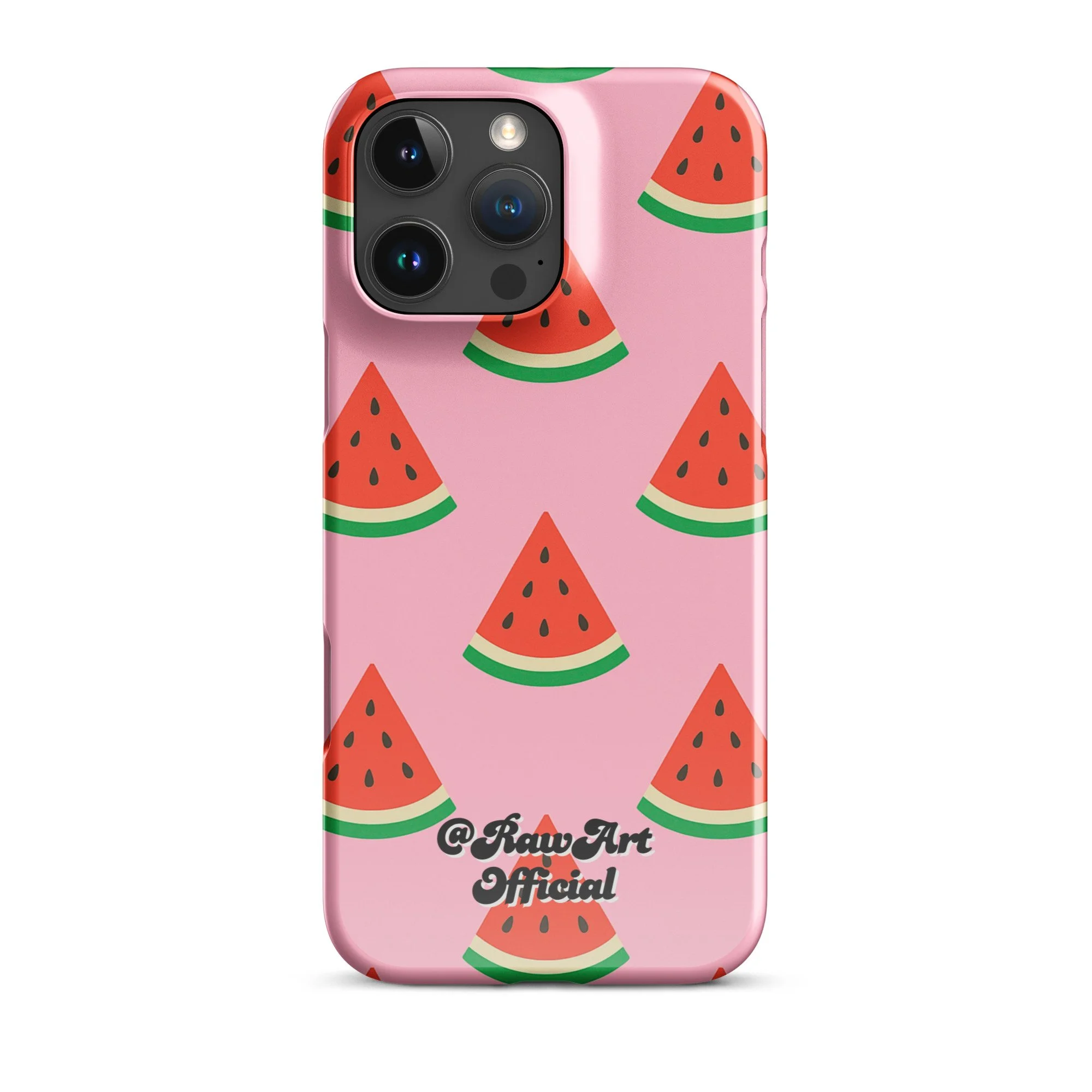 Pink iPhone case with red watermelon slice pattern, retro fruity design.