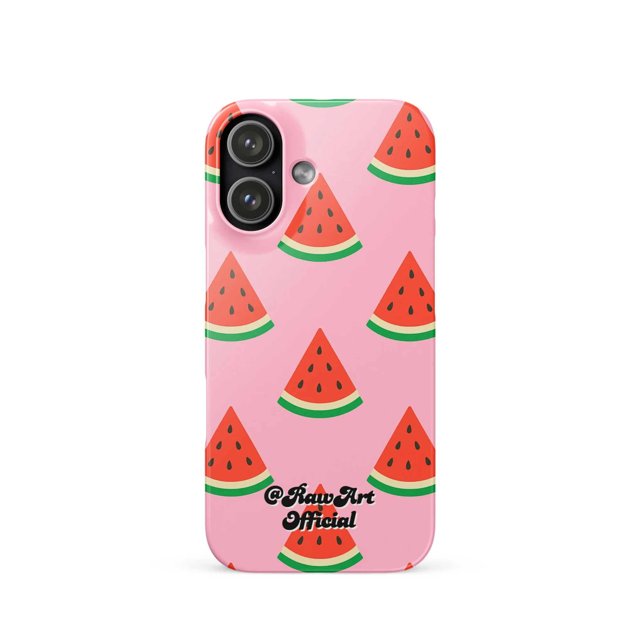 Pink iPhone case with red watermelon slice pattern, retro fruity design.