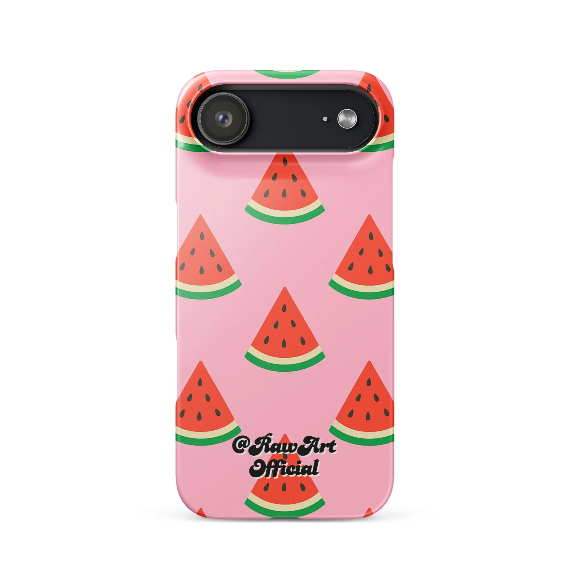 Pink iPhone case with red watermelon slice pattern, retro fruity design.