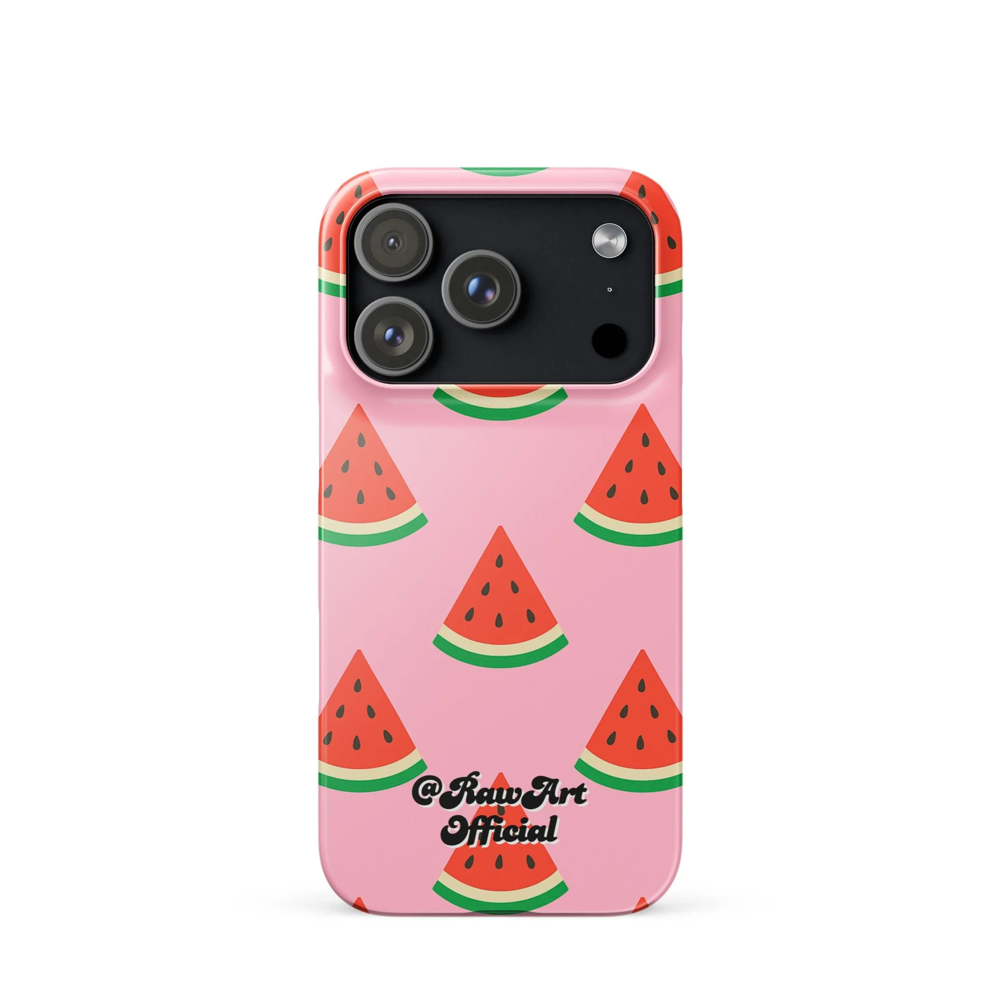 Pink iPhone case with red watermelon slice pattern, retro fruity design.