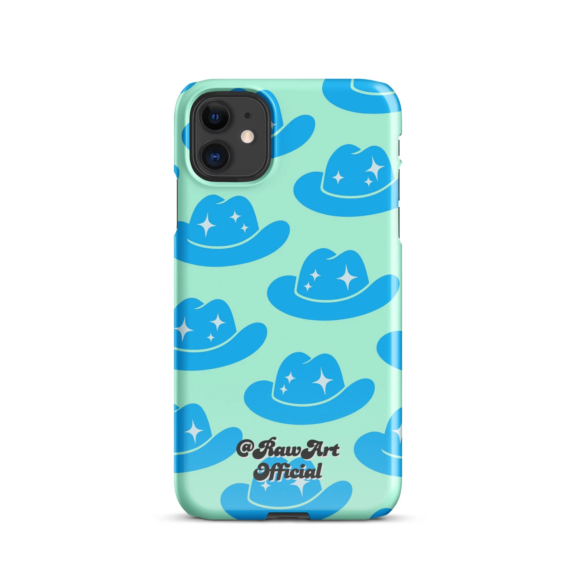 Mint iPhone case with blue cowboy hat pattern, retro western design.