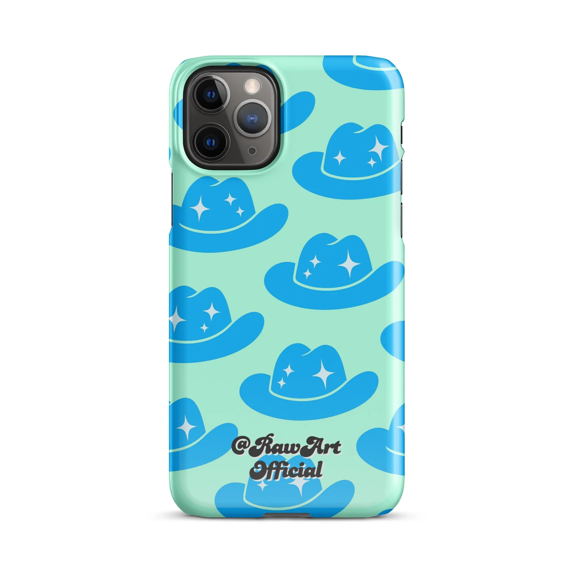 Mint iPhone case with blue cowboy hat pattern, retro western design.
