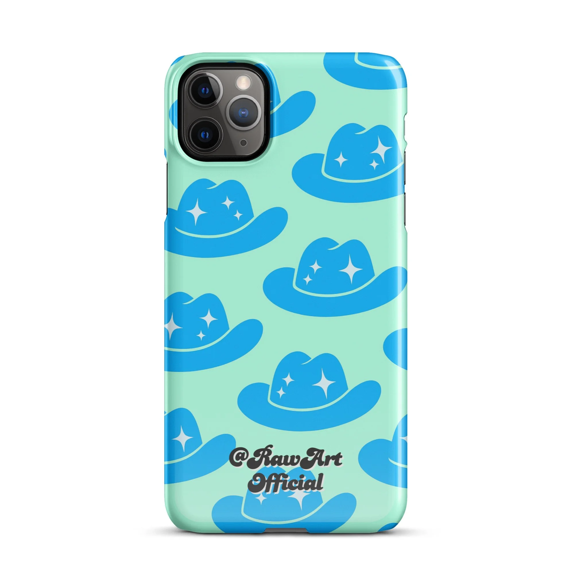 Mint iPhone case with blue cowboy hat pattern, retro western design.