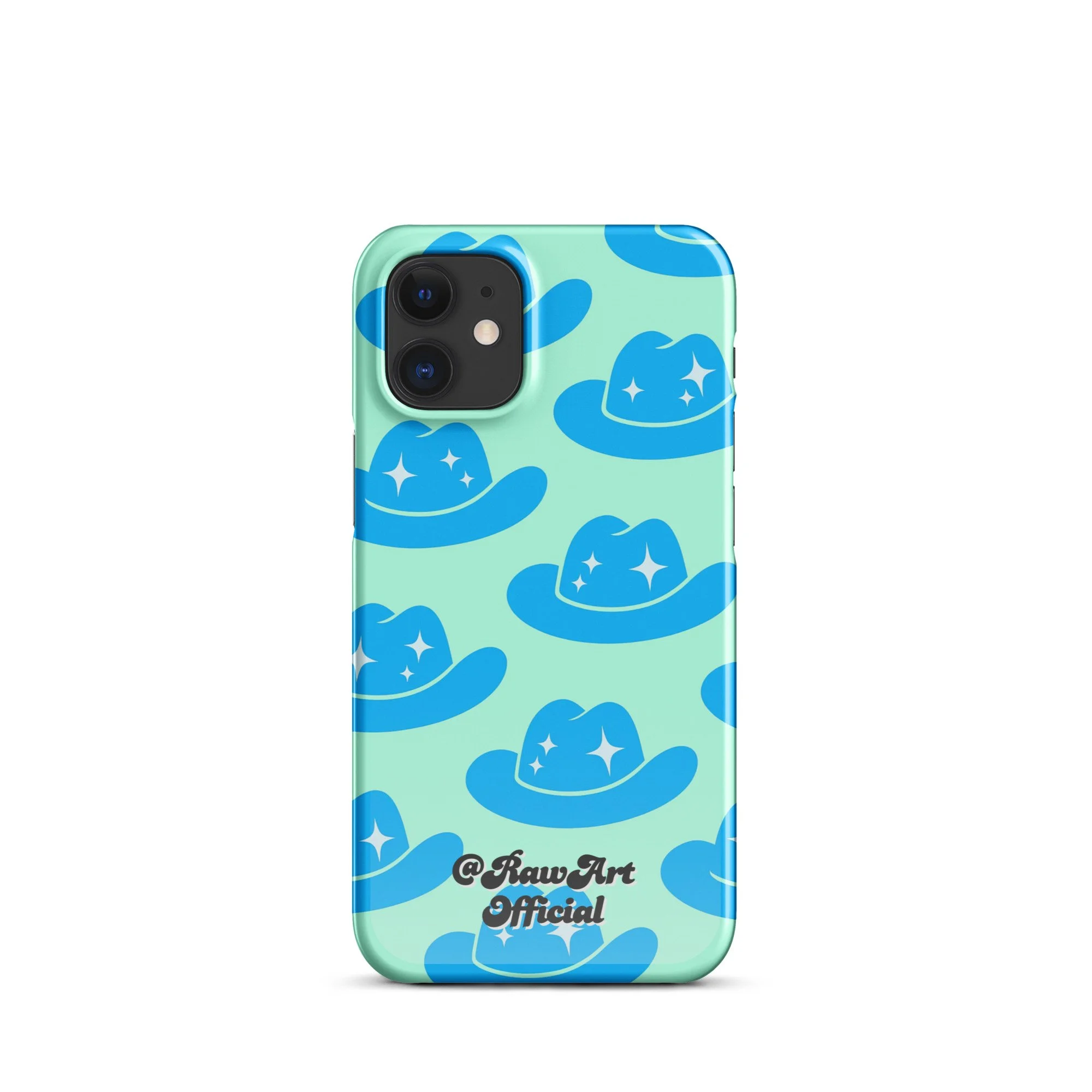 Mint iPhone case with blue cowboy hat pattern, retro western design.