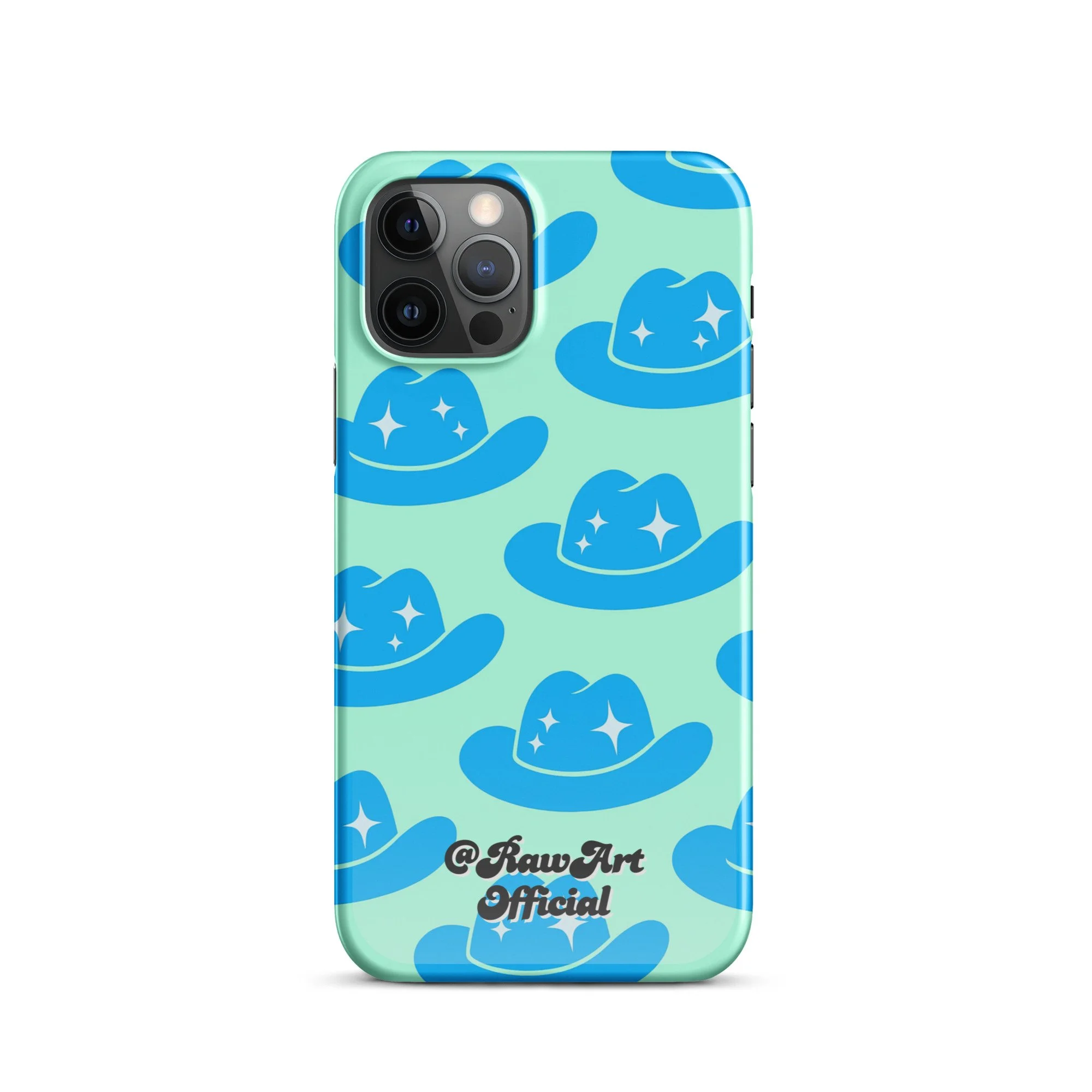 Mint iPhone case with blue cowboy hat pattern, retro western design.