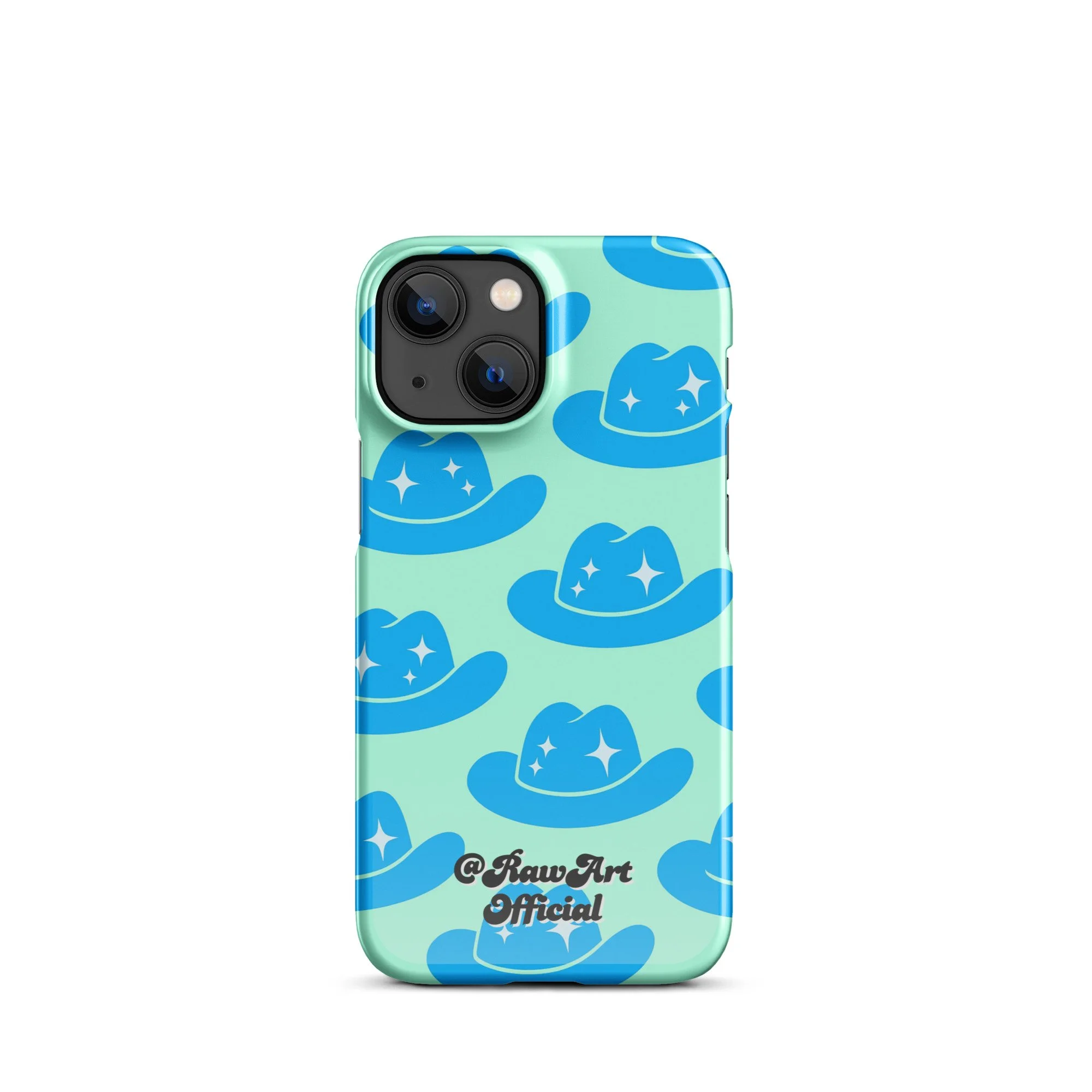 Mint iPhone case with blue cowboy hat pattern, retro western design.