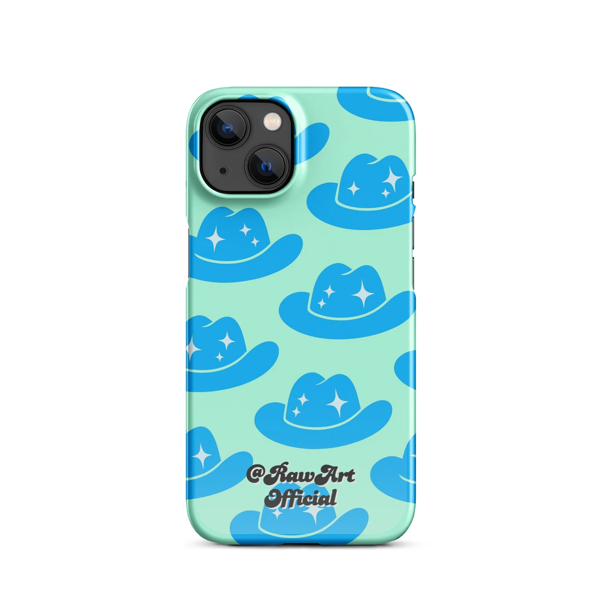 Mint iPhone case with blue cowboy hat pattern, retro western design.