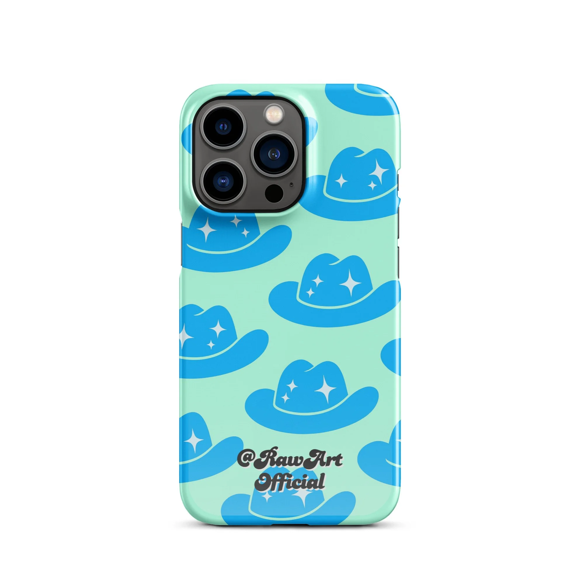 Mint iPhone case with blue cowboy hat pattern, retro western design.