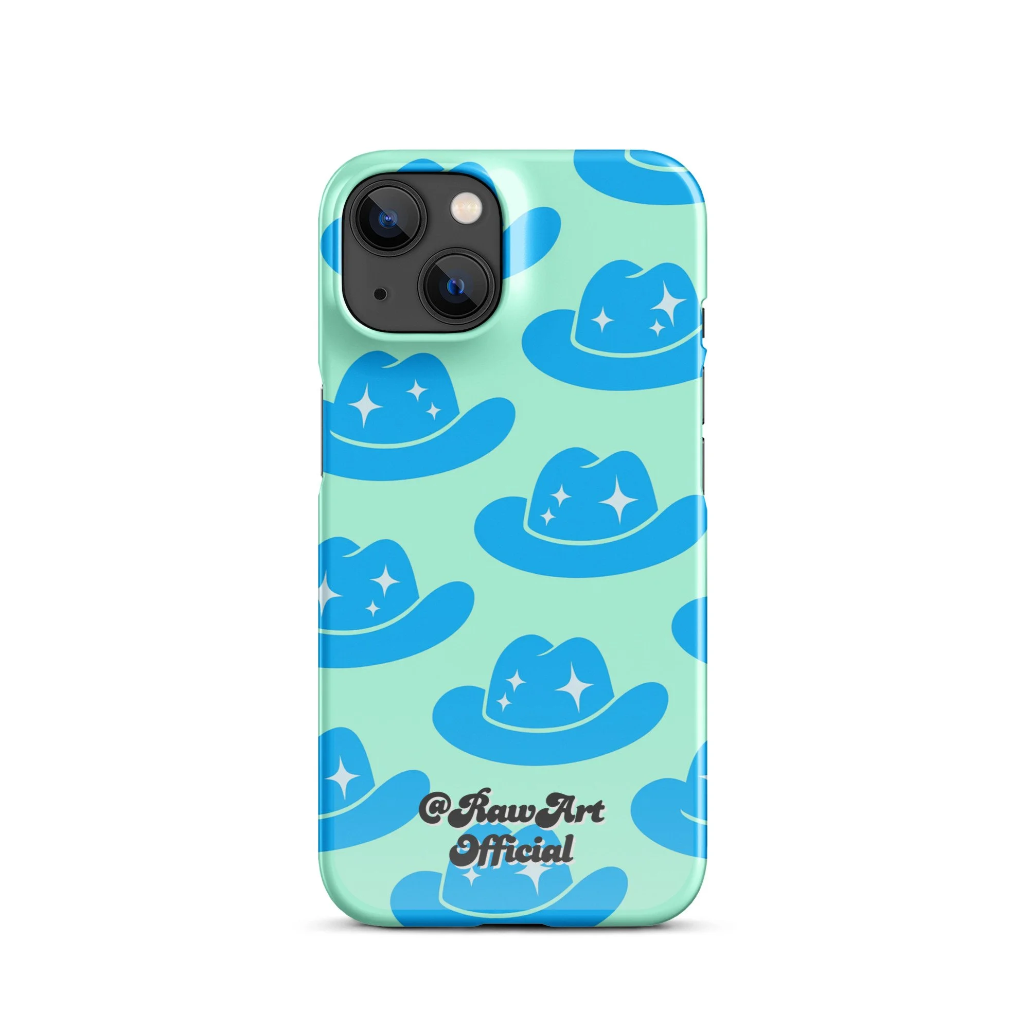 Mint iPhone case with blue cowboy hat pattern, retro western design.
