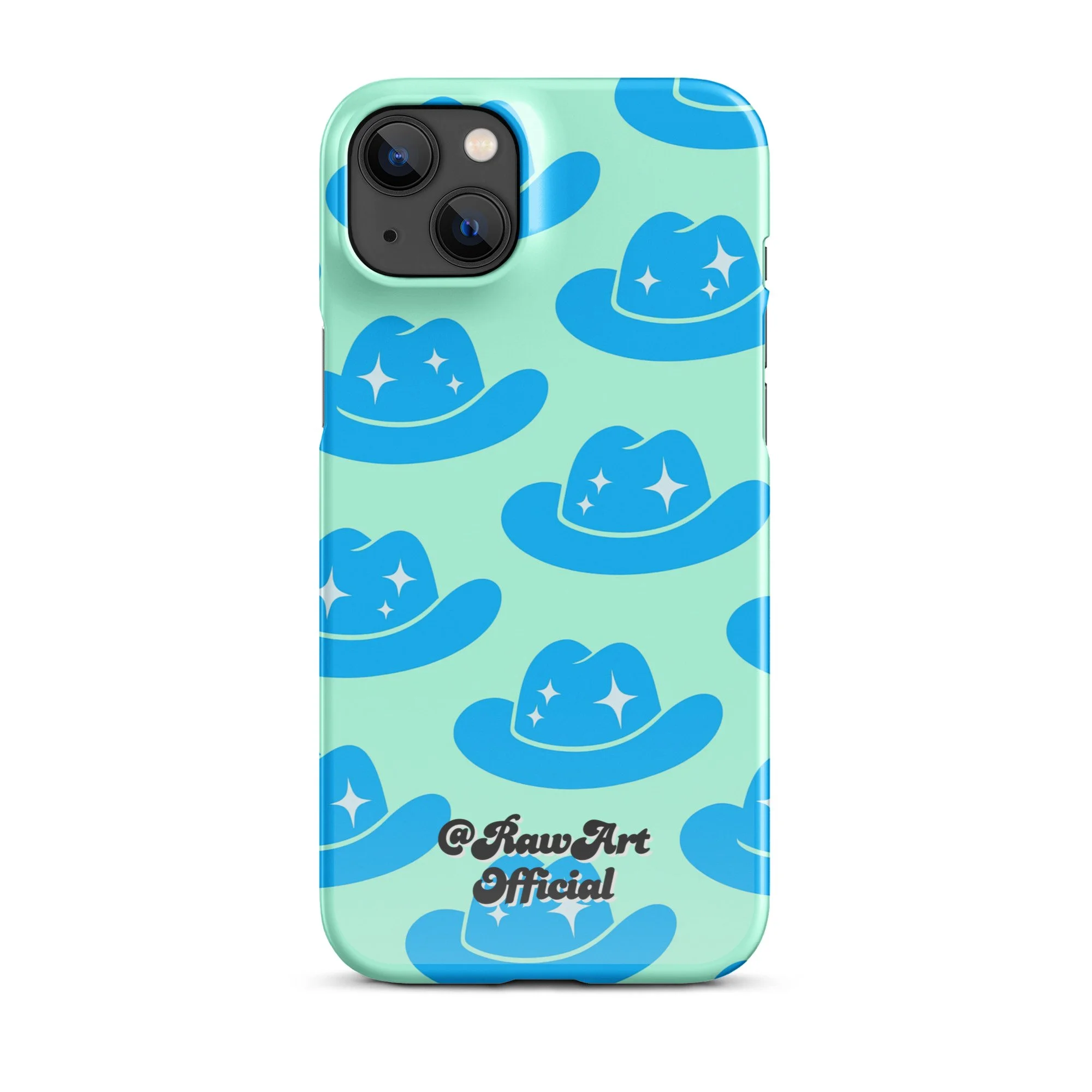 Mint iPhone case with blue cowboy hat pattern, retro western design.