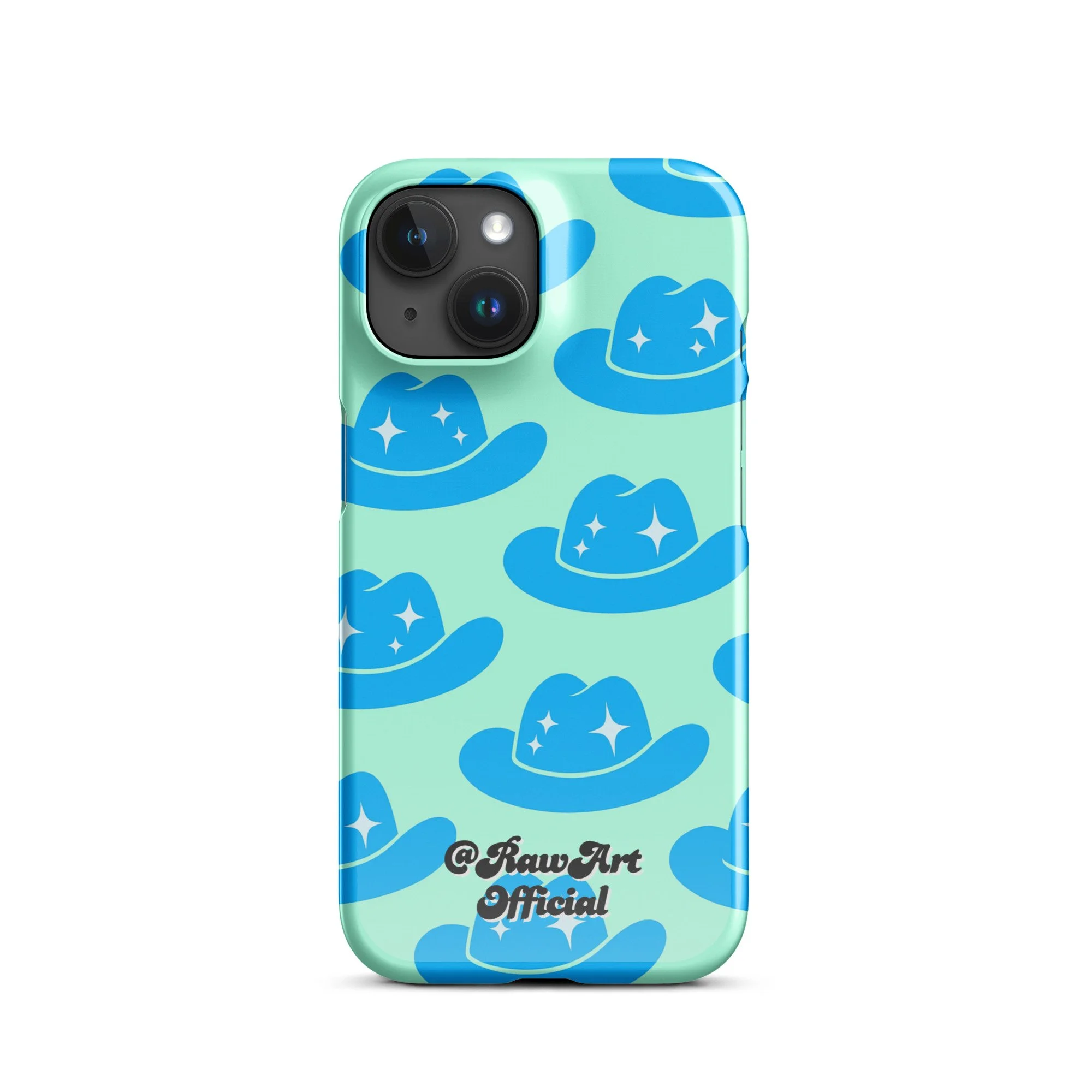 Mint iPhone case with blue cowboy hat pattern, retro western design.
