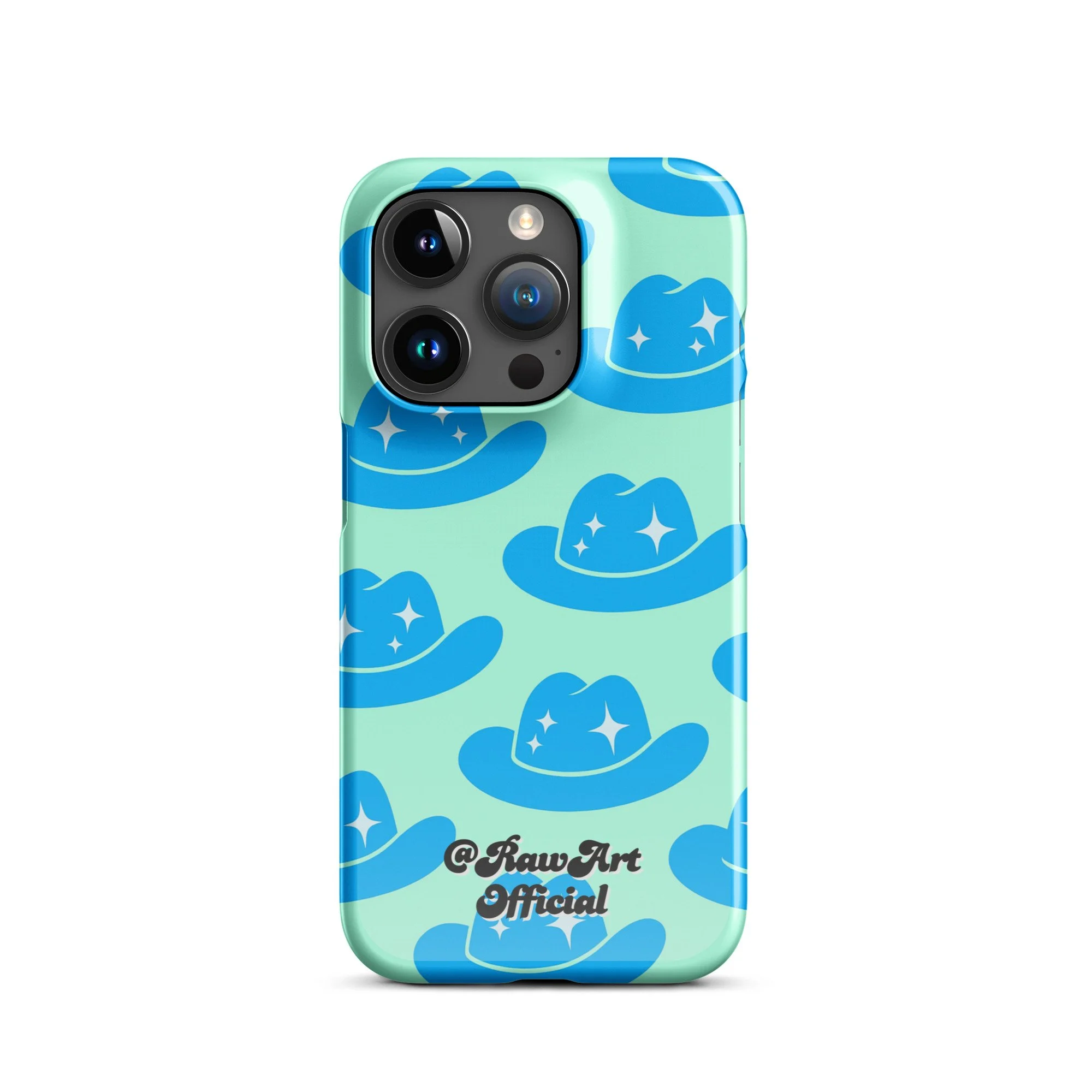 Mint iPhone case with blue cowboy hat pattern, retro western design.