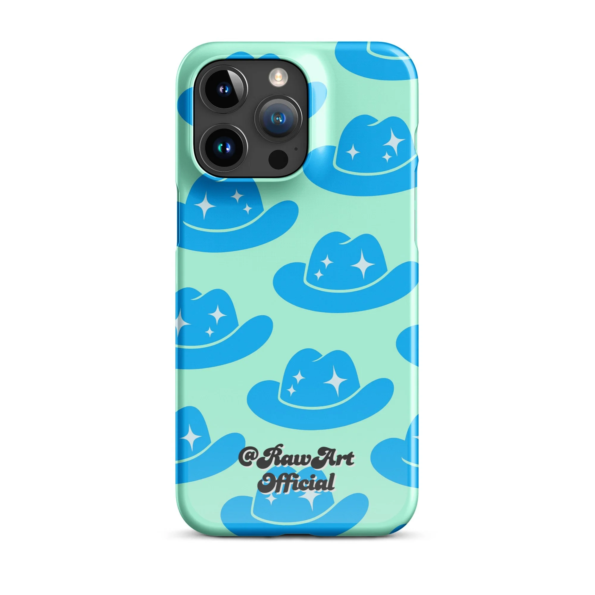 Mint iPhone case with blue cowboy hat pattern, retro western design.